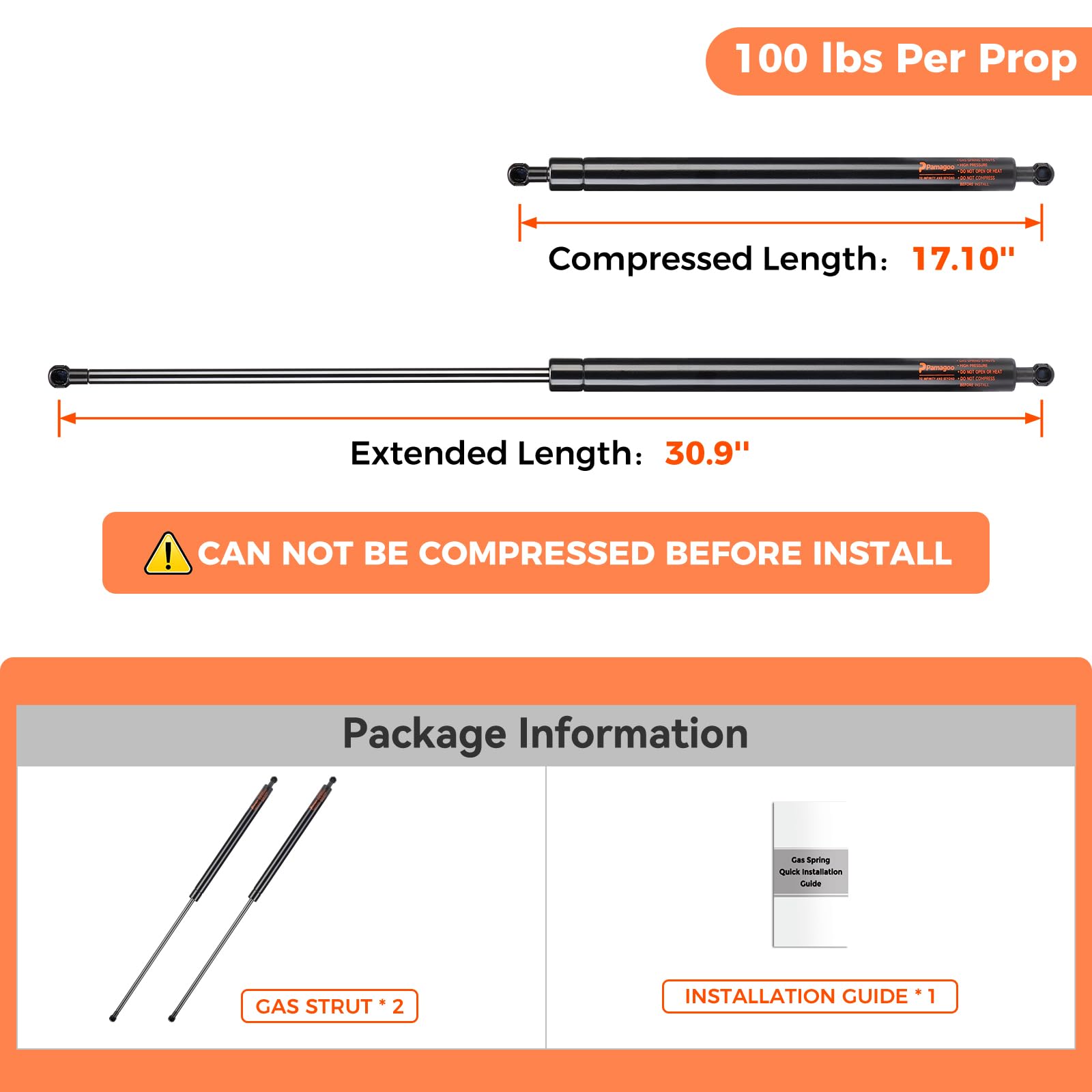 Pamagoo Ml28-100 30 Inch Gas Strut 100 Lbs 445 N Shock, 30'' Prop Lift Support For Tonneau Cover Undercover Replacement Parts Sp