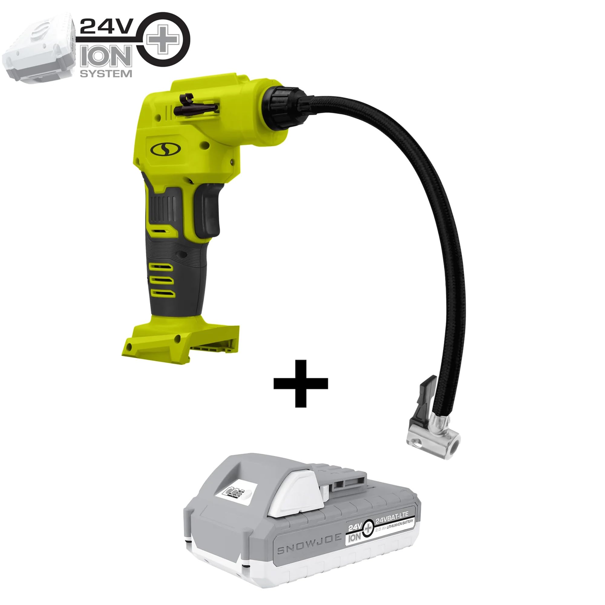 Sun Joe Cordless Tire Air Inflator & Compressor Kit, 2.0-Ah Battery, Charger, Nozzle Adapters, Portable, Green, Model 24V-AJC-LTE