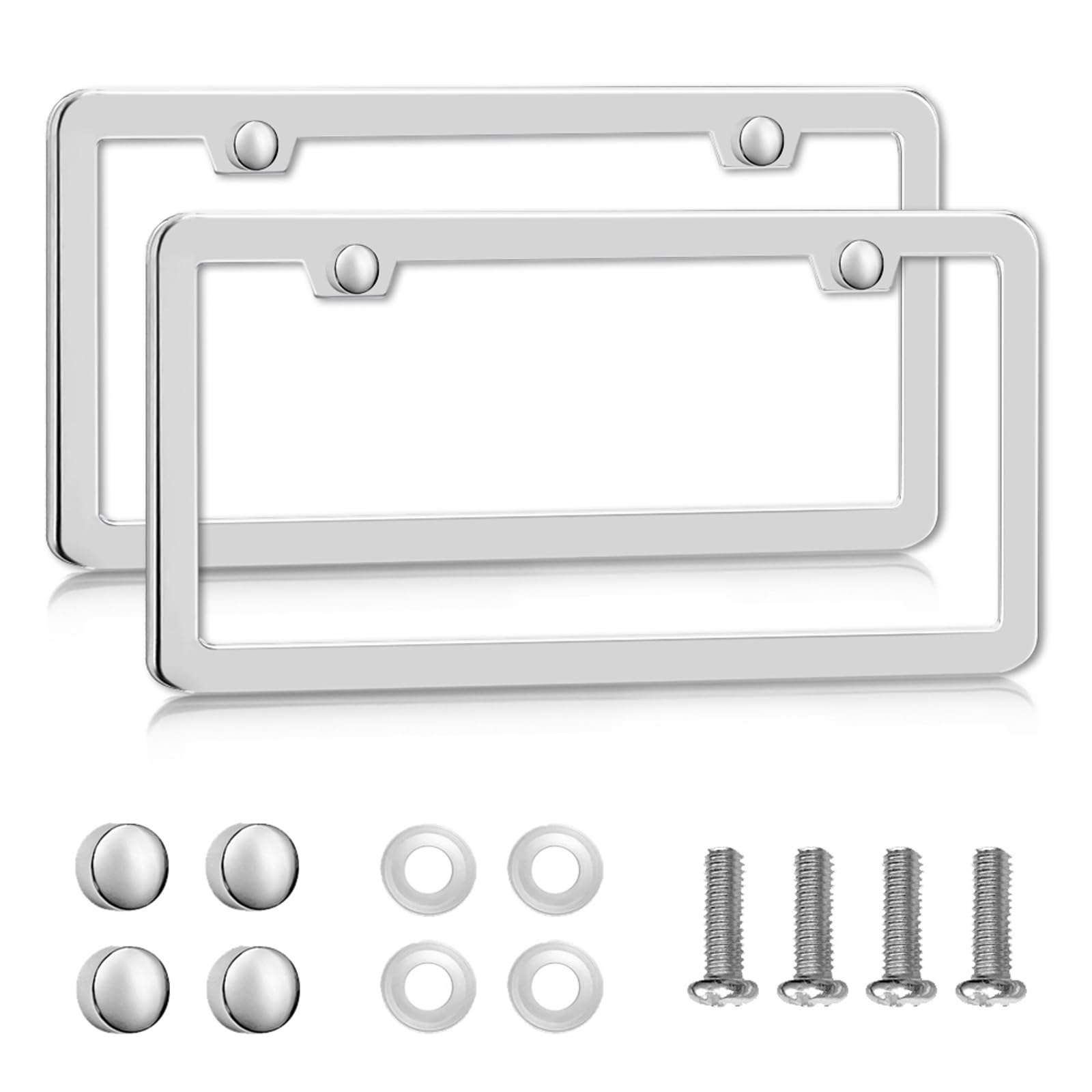 2-Pack Solid Silver Rust-Proof Car License Plate Frames - Universal Stainless Steel Holder With Screws & Caps for Women & Men by