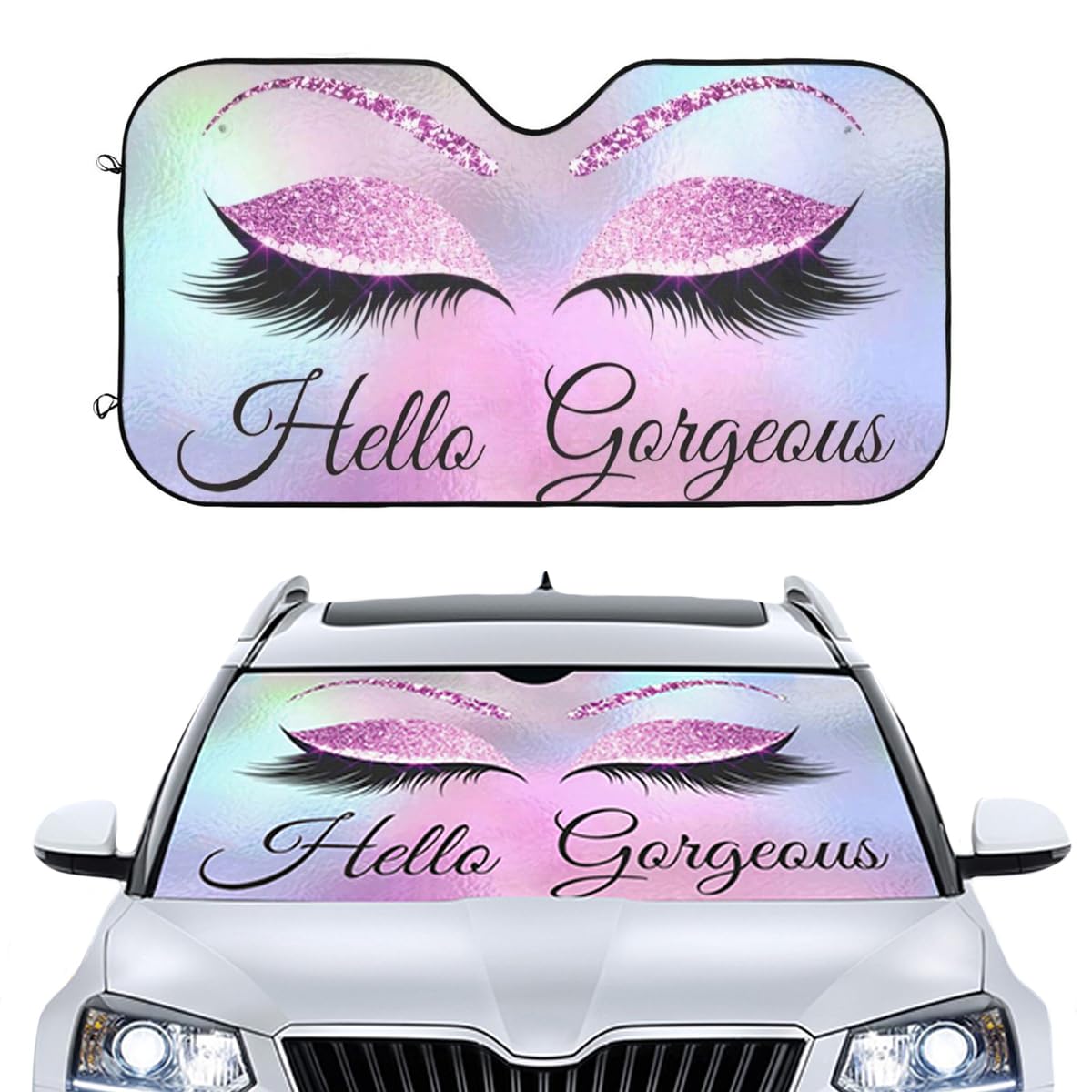 Car Windshield Sunshade Hello Gorgeous Glittering Purple Eyelash Front Window Sun Shades Folding Block UV Rays Sun Visor Protect