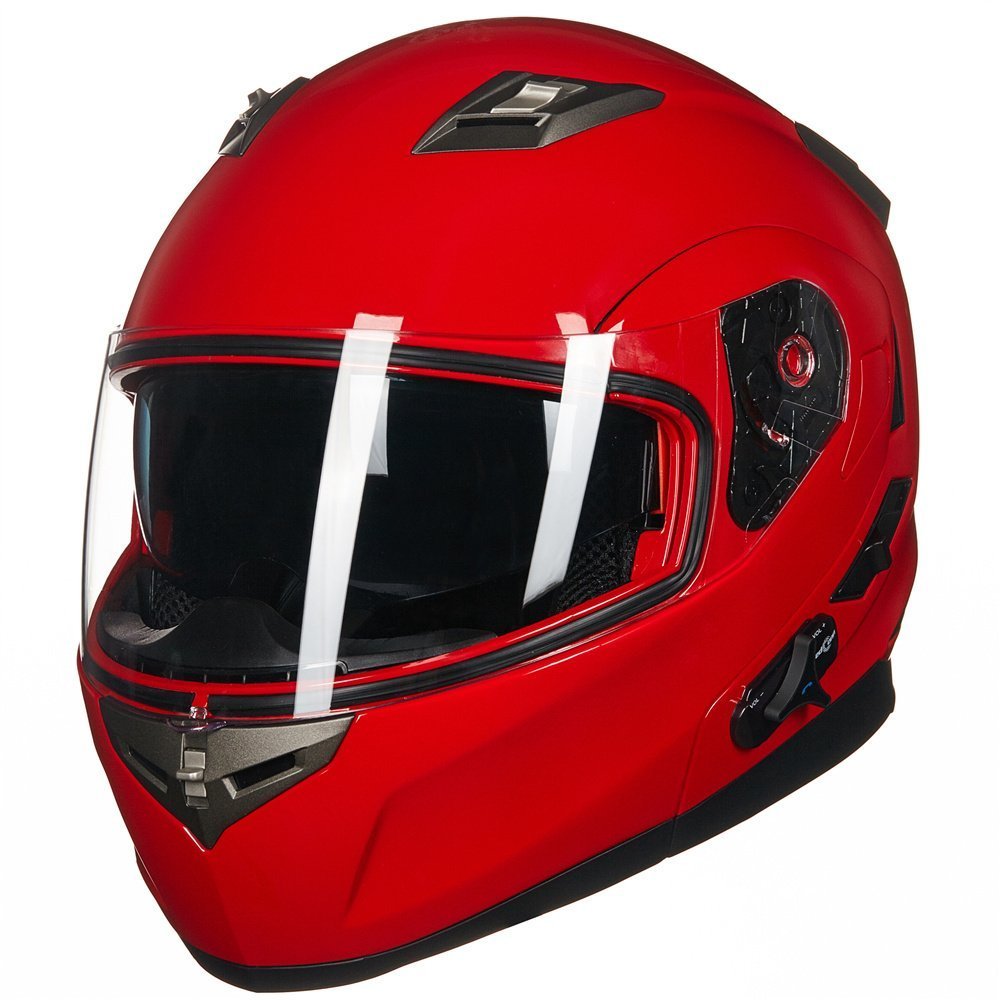 Ilm Bluetooth Integrated Modular Flip Up Full Face Motorcycle Helmet Sun Shield Mp3 Intercom Model 953 (L, Red)