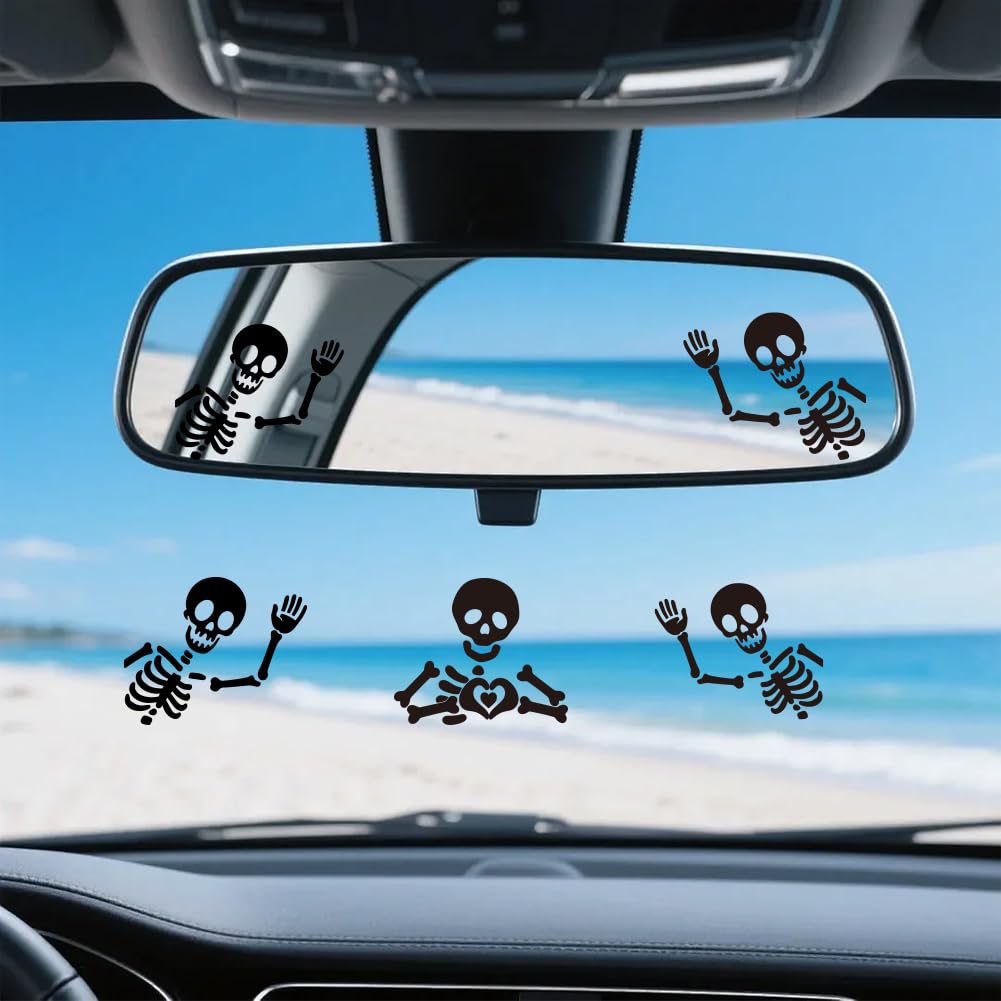 PRESSINART 6Pcs 3 Styles Rearview Mirror Decal Skeleton 1.97 Inch Car Rear View Stickers for Cars Truck Black Skull Waterproof P