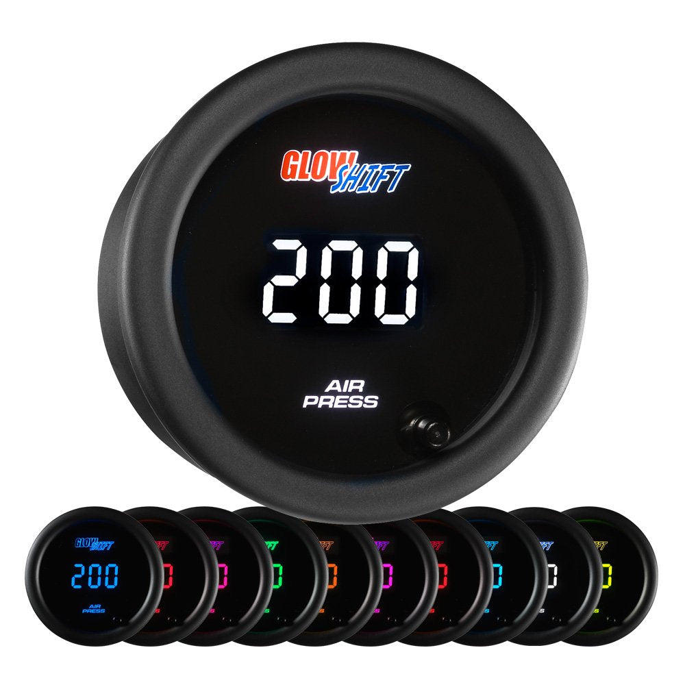 Glowshift 10 Color Digital 200 Psi Air Pressure Gauge Kit - Includes Electronic Sensor - Multi-Color Led Display - Tinted Lens -