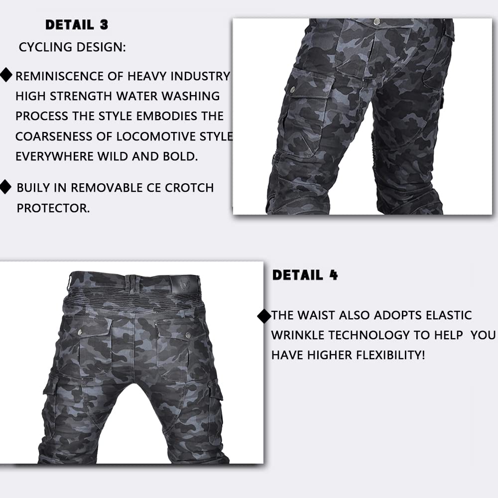 LOMENG Motorcycle Pants Motorbike Riding Denim Jeans Biker Motocross Pants with CE Removable Armored for Men Blue Camouflage XL