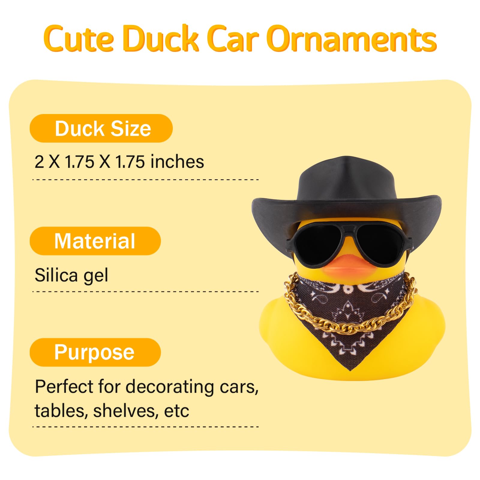 wonuu Car Dashboard Rubber Duck Decoration, Mini Cowboy Hat, Black, 2.36x1.77 inches, YAR201, with Necklace and Sunglasses