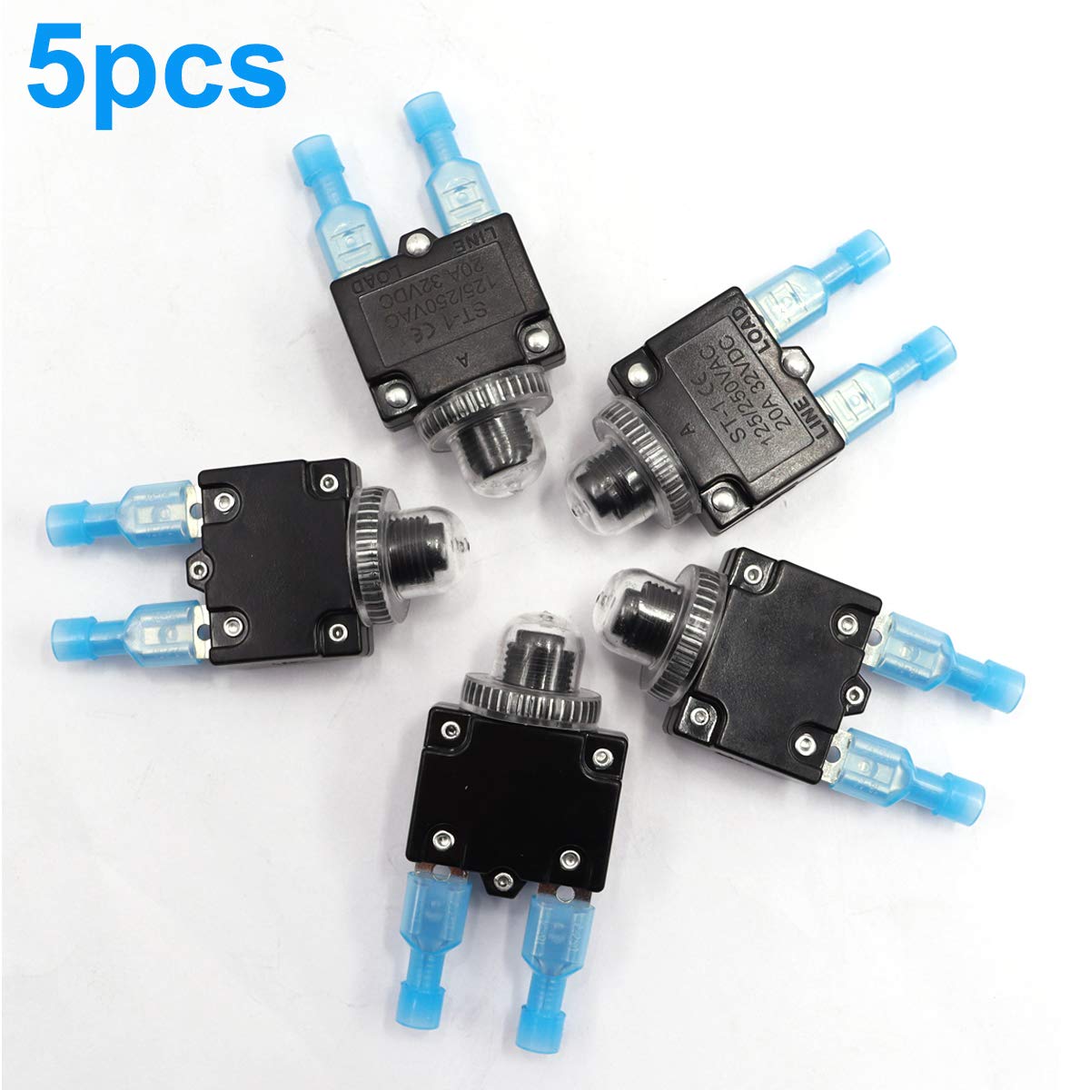 Mxuteuk 5Pcs 15Amp Circuit Breakers Push Button Manual Reset 125/250V Ac 32V Dc,Overload Protector Switch Thermal Circuit Breakers With Quick Connect Terminals And Waterproof Button Caps St1-5-15A