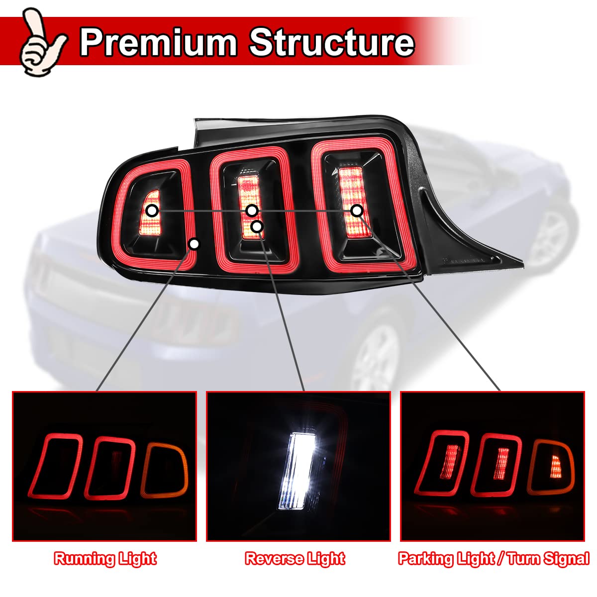 Nixon Offroad Tail Lights for Ford Mustang 2010-2014, LED Rear Lamps, Black Housing/Smoke Lens, 1 Pair Replacement Assembly
