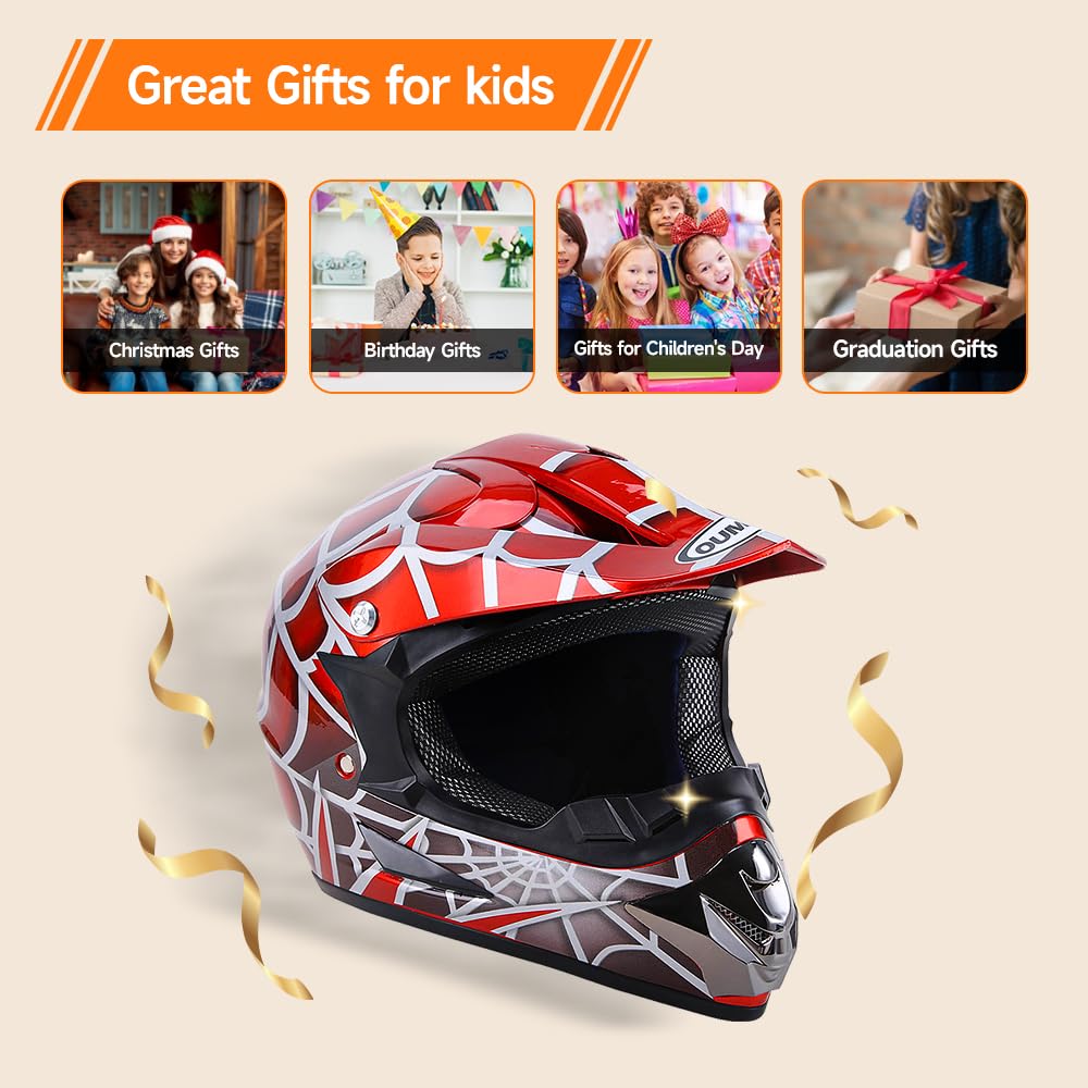 Oumurs DOT Youth Dirt Bike Helmet, Red Cobweb, Small, Plastic, Includes Gloves & Goggles for Boys & Girls 5-14 Ages