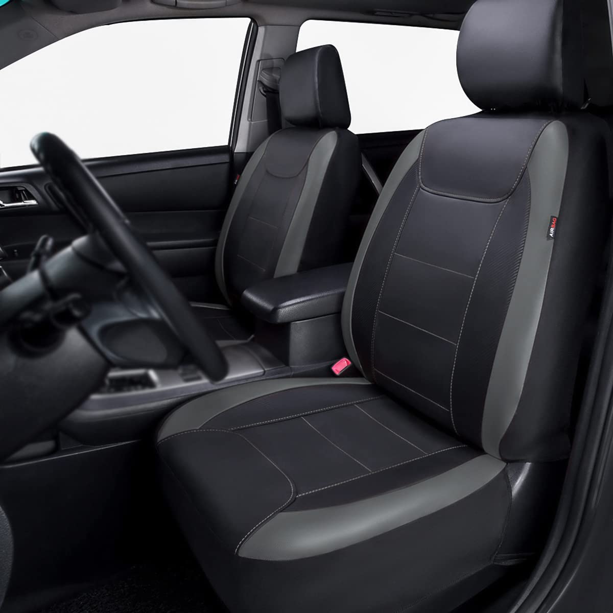 Flying Banner Car Seat Covers Protects Water Proof Faux Leather Carbon Fiber Front And Rear Bench (Black Gray, Full Set - 8Pcs)
