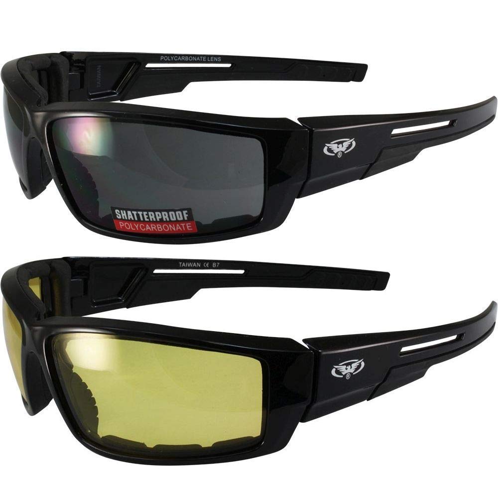 2 Pair of Global Vision Sly Padded Motorcycle Sunglasses Gloss Black Frames 1 Smoke Lens and 1 Yellow Lens