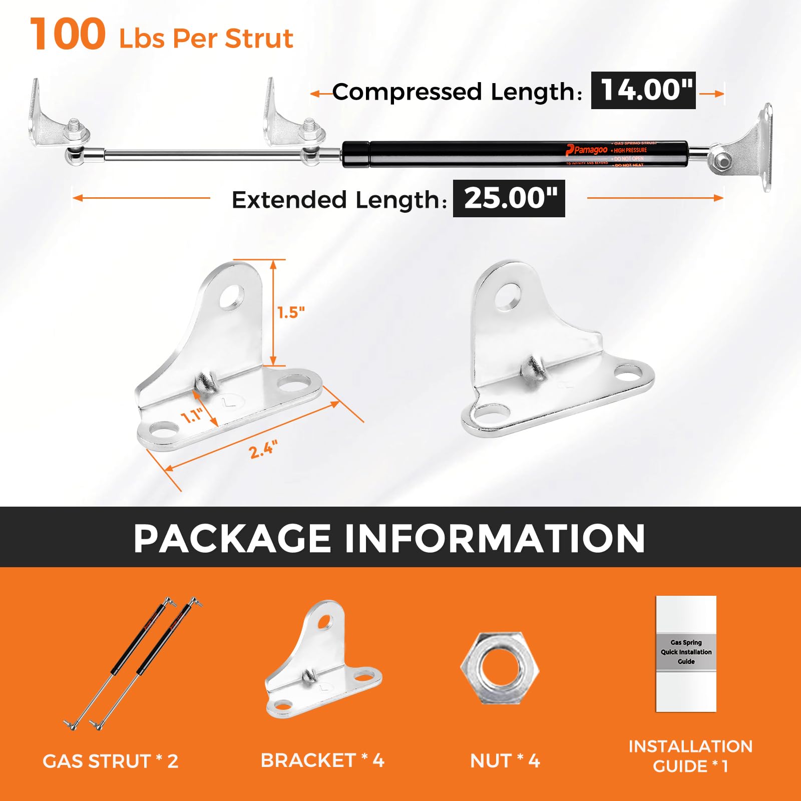 25 Inch 100 Lbs Gas Strut Shocks, 445 N Per Prop With L-Type Mounts For Tv Cabinets Heavy Duty Lid Cover Rv Bed Basement Floor D