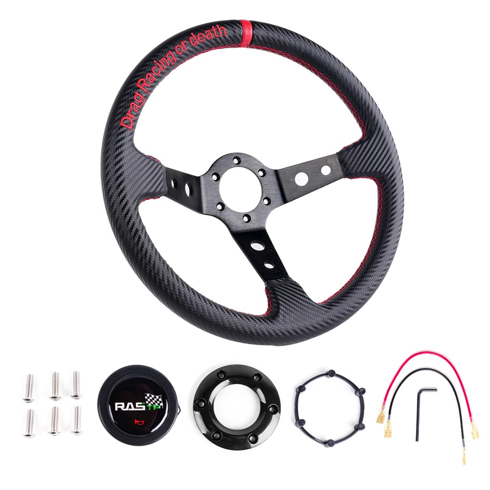 RASTP Deep Dish Steering Wheel,PU Carbon Fiber Racing Steering Wheel,350mm 6 bolt Steering Wheel(Universal)