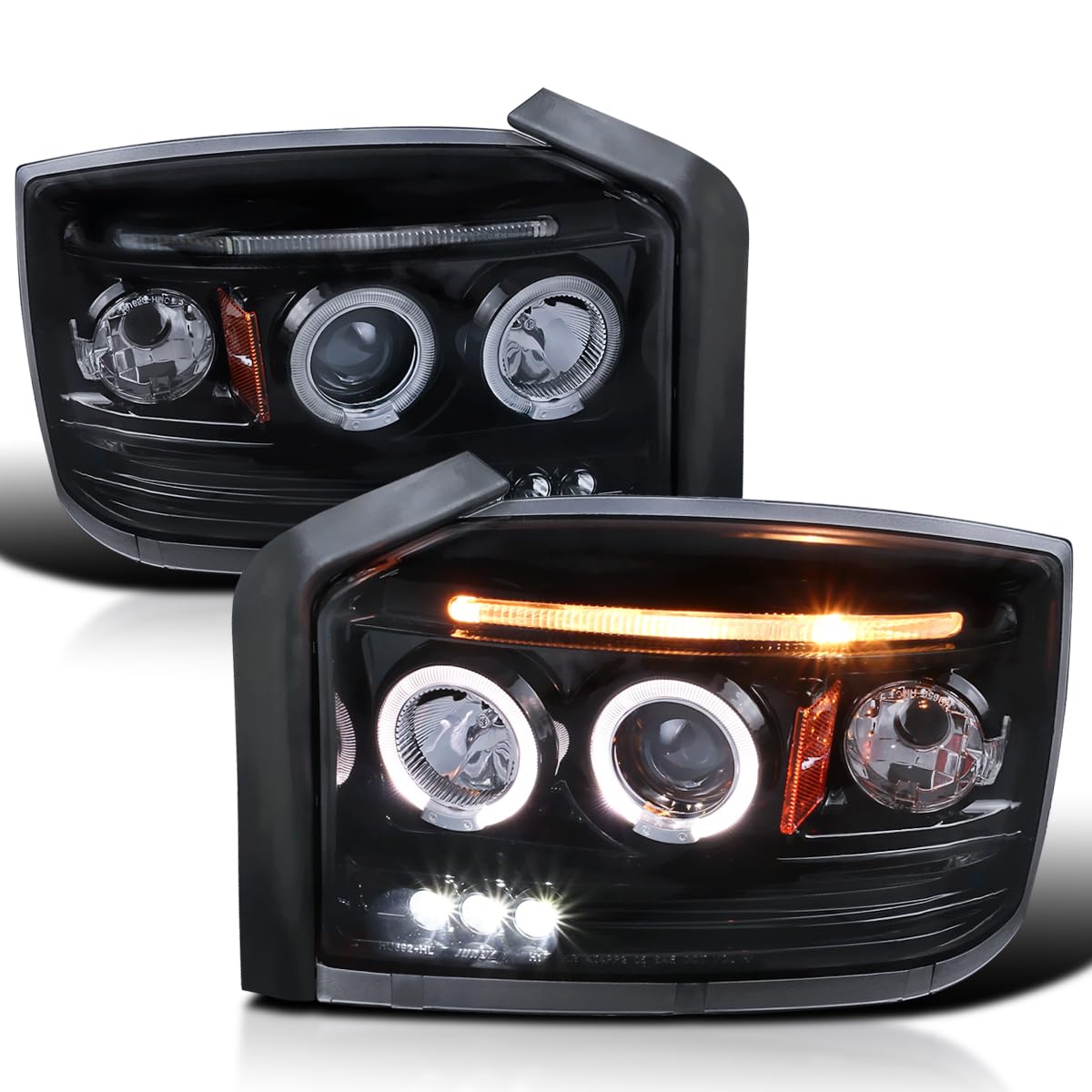 Spec-D Tuning Glossy Black Dual Halo LED Projector Headlights Compatible with 2005-2007 Dodge Dakota Left + Right Pair Headlamps