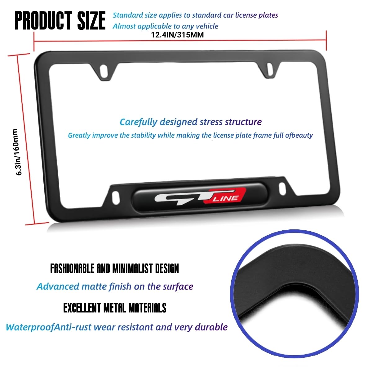 JULOPO Aluminum License Plate Frames - 2 Pcs, GT Color, Compatible with Picanto, Rio, K5, Sportage, Stinger, Soul, Model cpj