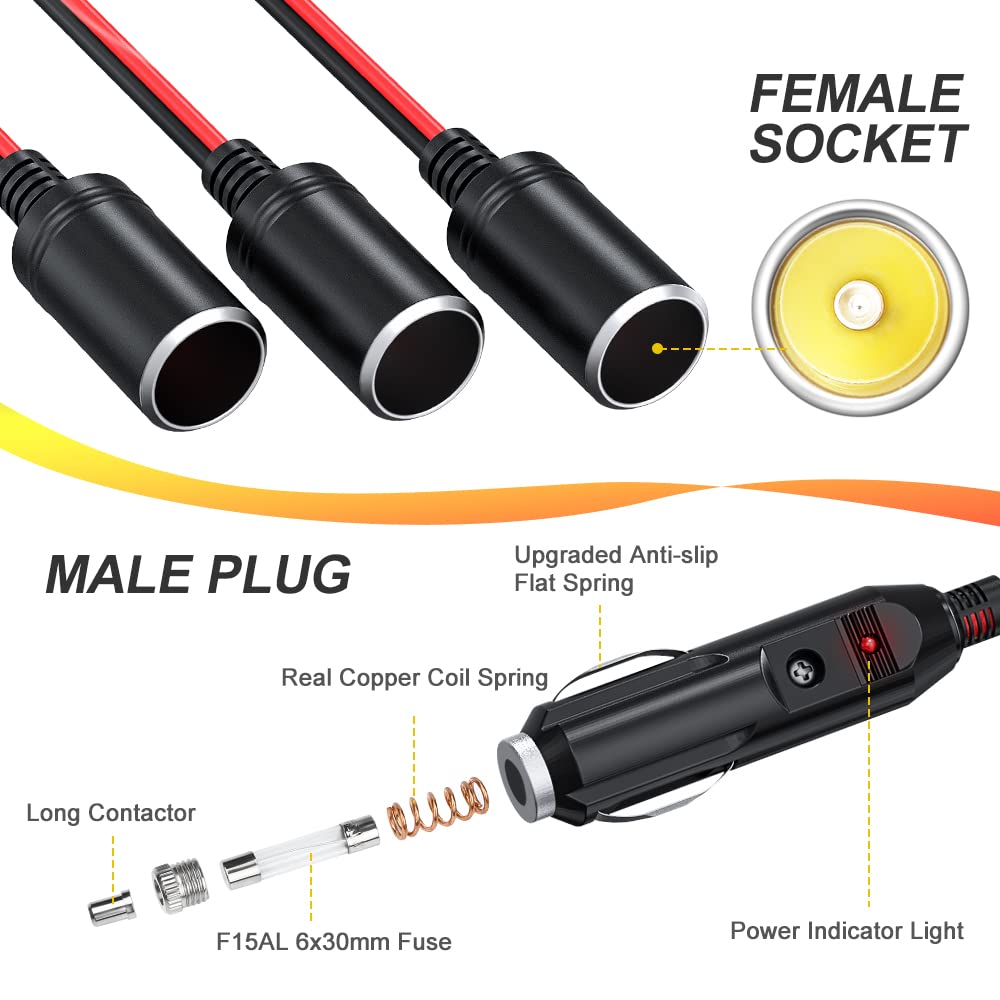 ELECTOP 4-Way Car Cigarette Lighter Splitter Adapter, 12V/24V Power Charger with 12-inch Extension Cord & 15A Fuse, 16AWG Cable