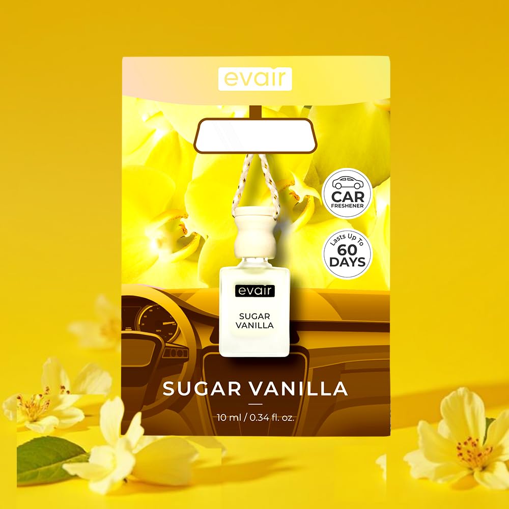 Evair Car Air Freshener with Essential Oils Fragrance in Glass Bottle with Wooden Diffuser Lid | 10 ml - Pack of 1 (Vanilla)