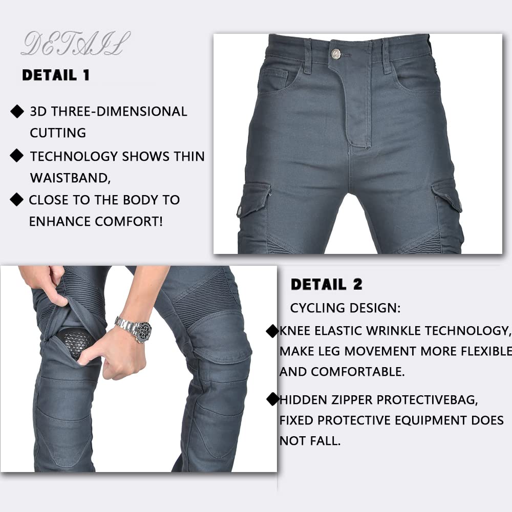 LOMENG Motorcycle Pants Motorbike Riding Denim Jeans Biker Motocross Pants with CE Removable Armored for Men Grey 3XL
