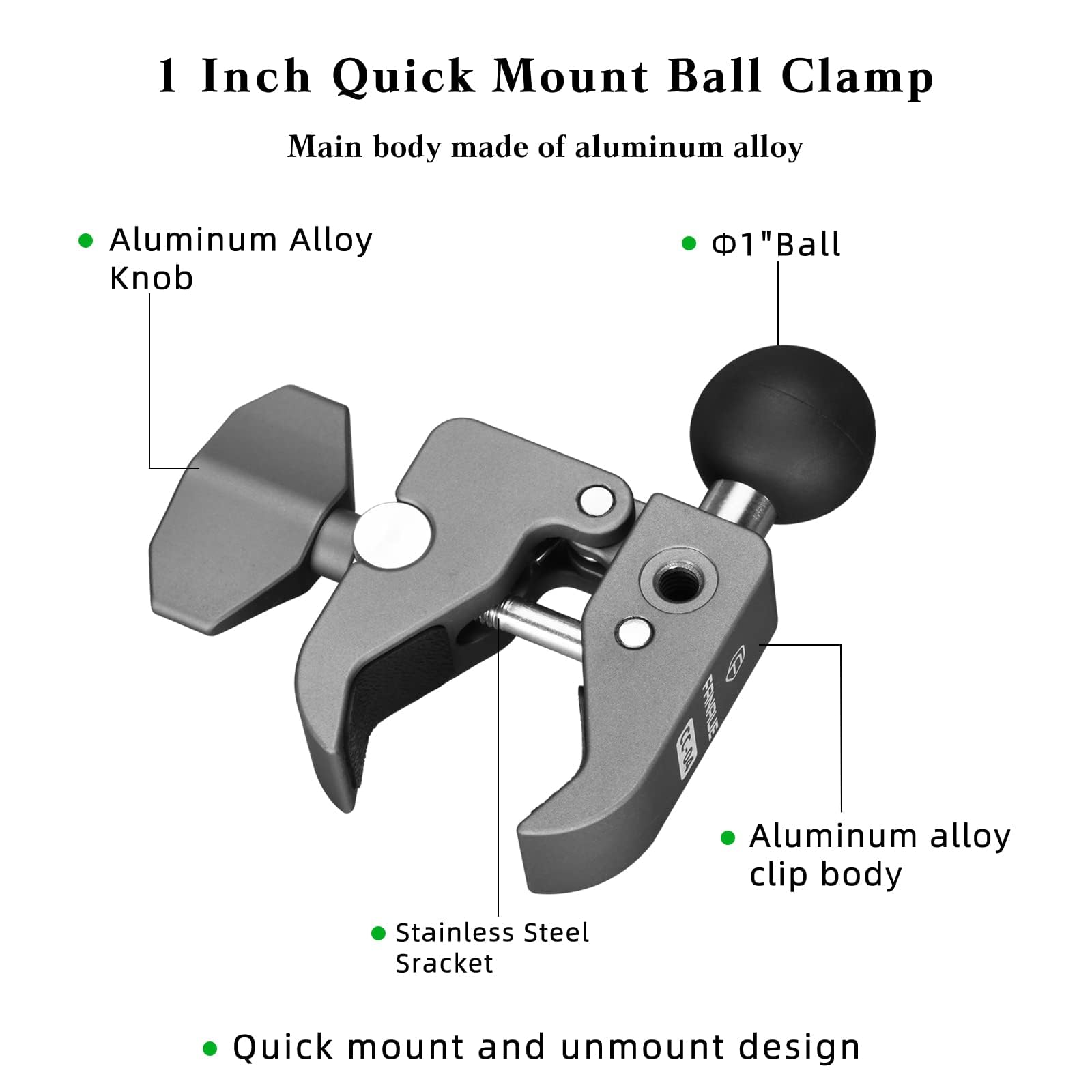 FANAUE Handlebar Base Mount Strong Rod Clamp with 1'' Ball for Rails 0.5'' to 2.0'' in Diameter, Compatible with RAM Mounts B Si