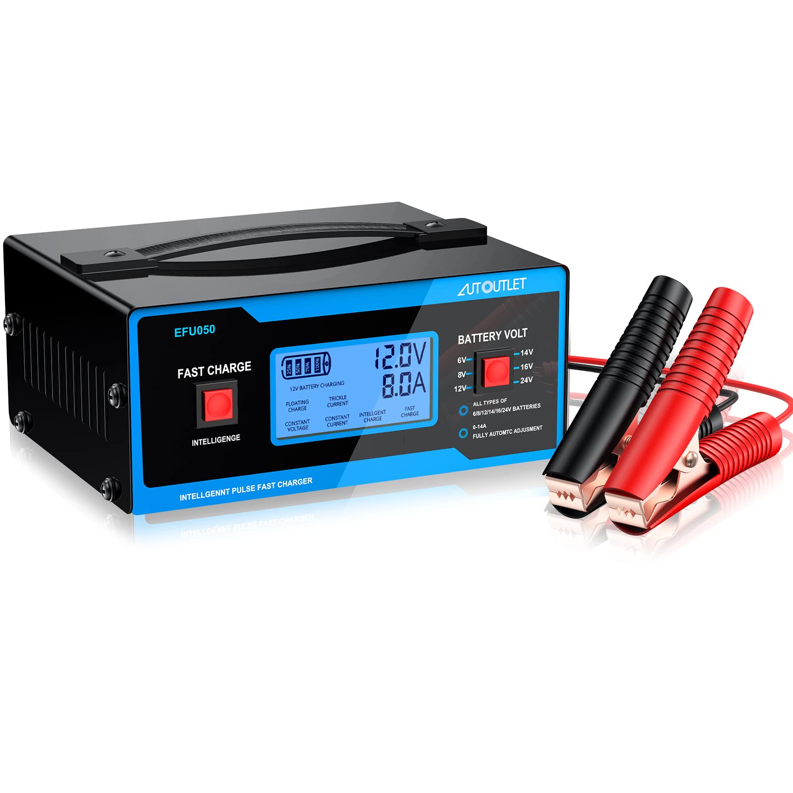 Autoutlet 8 Volt Battery Charger Automotive Battery Charger And Maintainer 0-10A With Upgraded Cable Clamps For 6/8/12/14/16/24V Lead-Acid Batteries