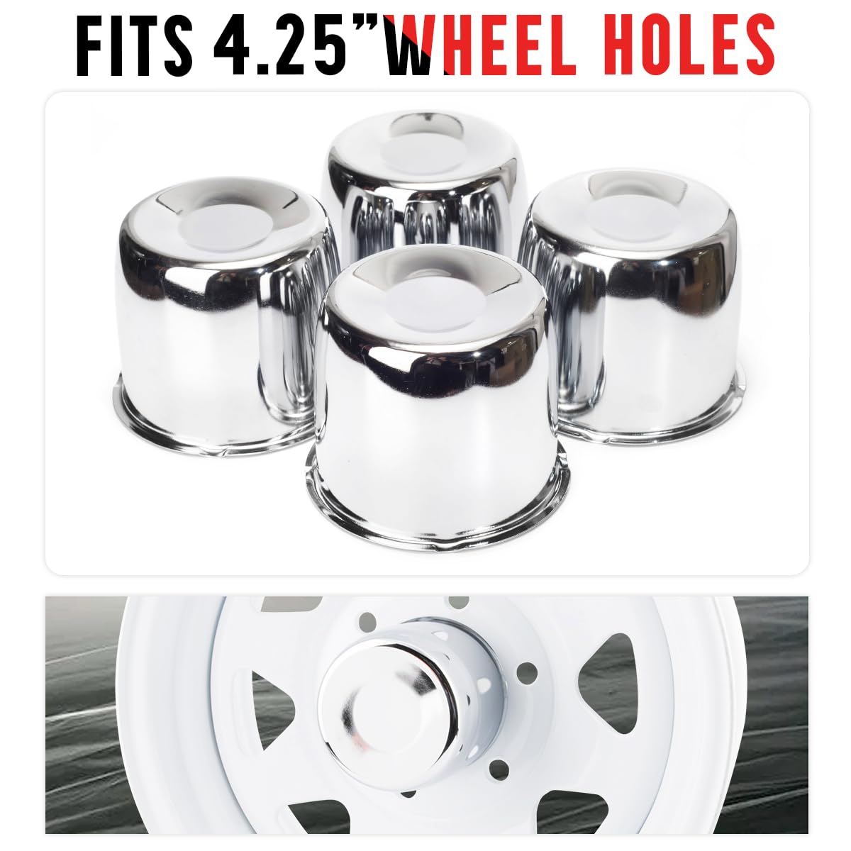 Rtrhinotuning 4.25'' Hub 3.72'' H Push Through Center Caps Chrome For Trailers Trucks Wheel Rims 4 Pack