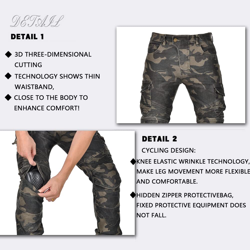 LOMENG Motorcycle Pants Riding Jeans Biker Motorbike Pants with CE Removable Armored for Men Camouflage EU38, 38 Regular