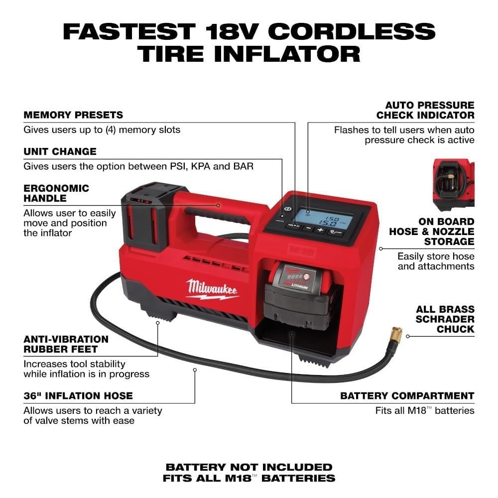 Milwaukee M18 Inflator 2848-20 - Red, Compact & Powerful Air Pump for Tires & Sports Equipment