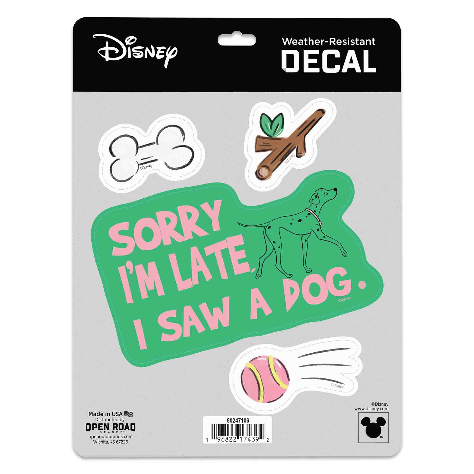 Disney 101 Dalmatians Sorry Im Late I Saw a Dog Adhesive Vinyl Decal - Funny Dog Sticker for Car or Truck, 1 Pack (4 Count)