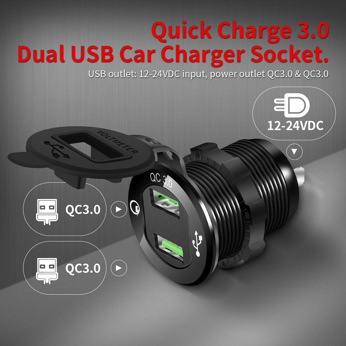 Daiertek Quick Charge 3.0 Usb Charger Socket Car Aluminum Waterproof Dual Power Outlet Fast Charger With Blue Led Voltmeter & Wire 10A Fuse For 12Vdc/24Vdc Automotive Boat Marine Atv Truck