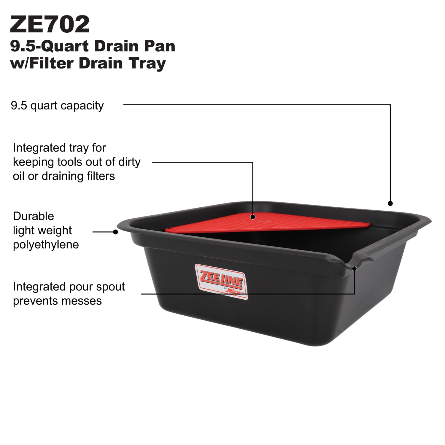 ZEELINE BY MILTON Drain Pan with Filter Drain, 9.5-Quart, For Use with Motor Oils, Transmission Fluids, and Coolants, with Remov