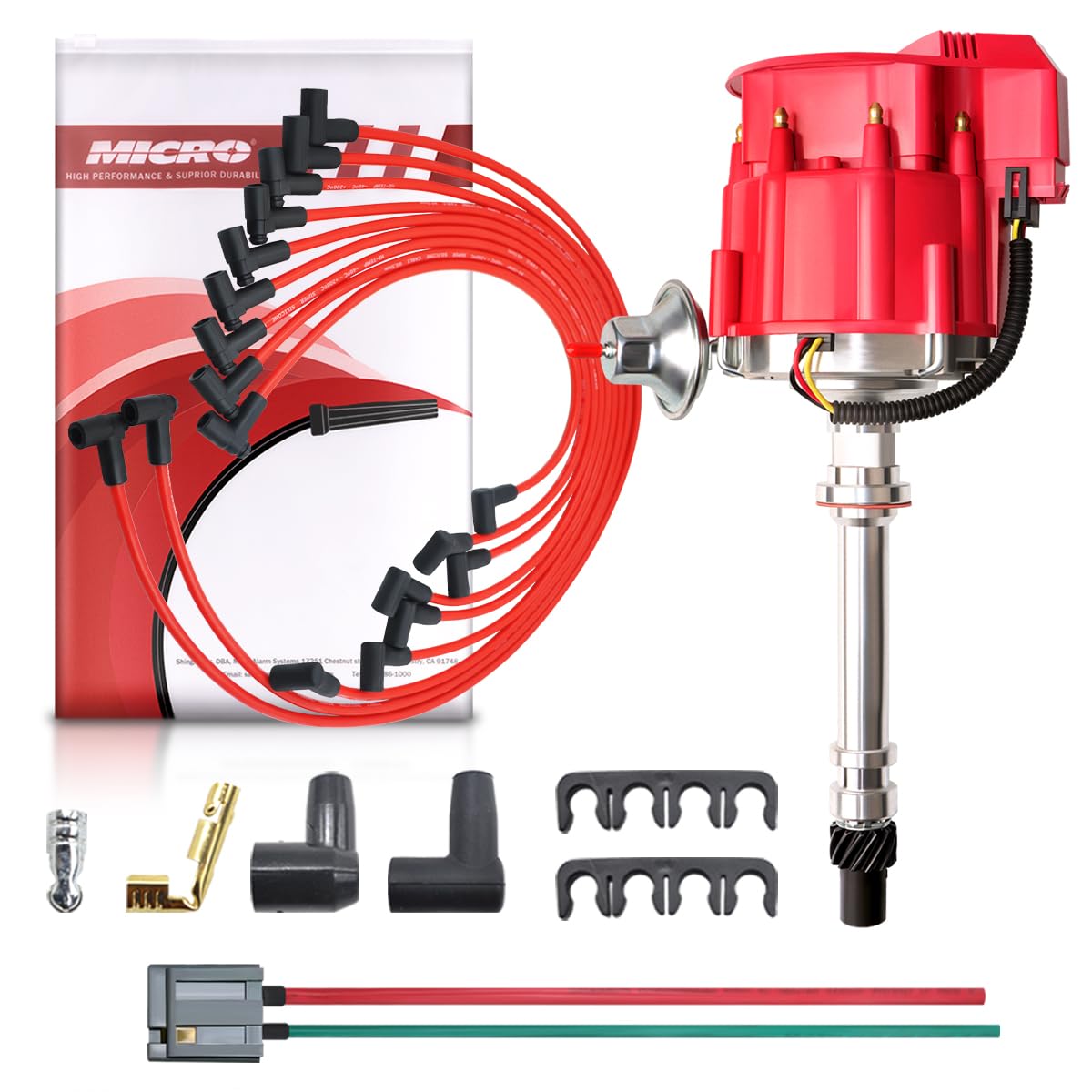 MAS Racing HEI Ignition Distributor with Wiring Set Replacement for Chevy 302 454 gm SBC BBC 65k Coil 7500RPM Chevrolet C10 GMC 