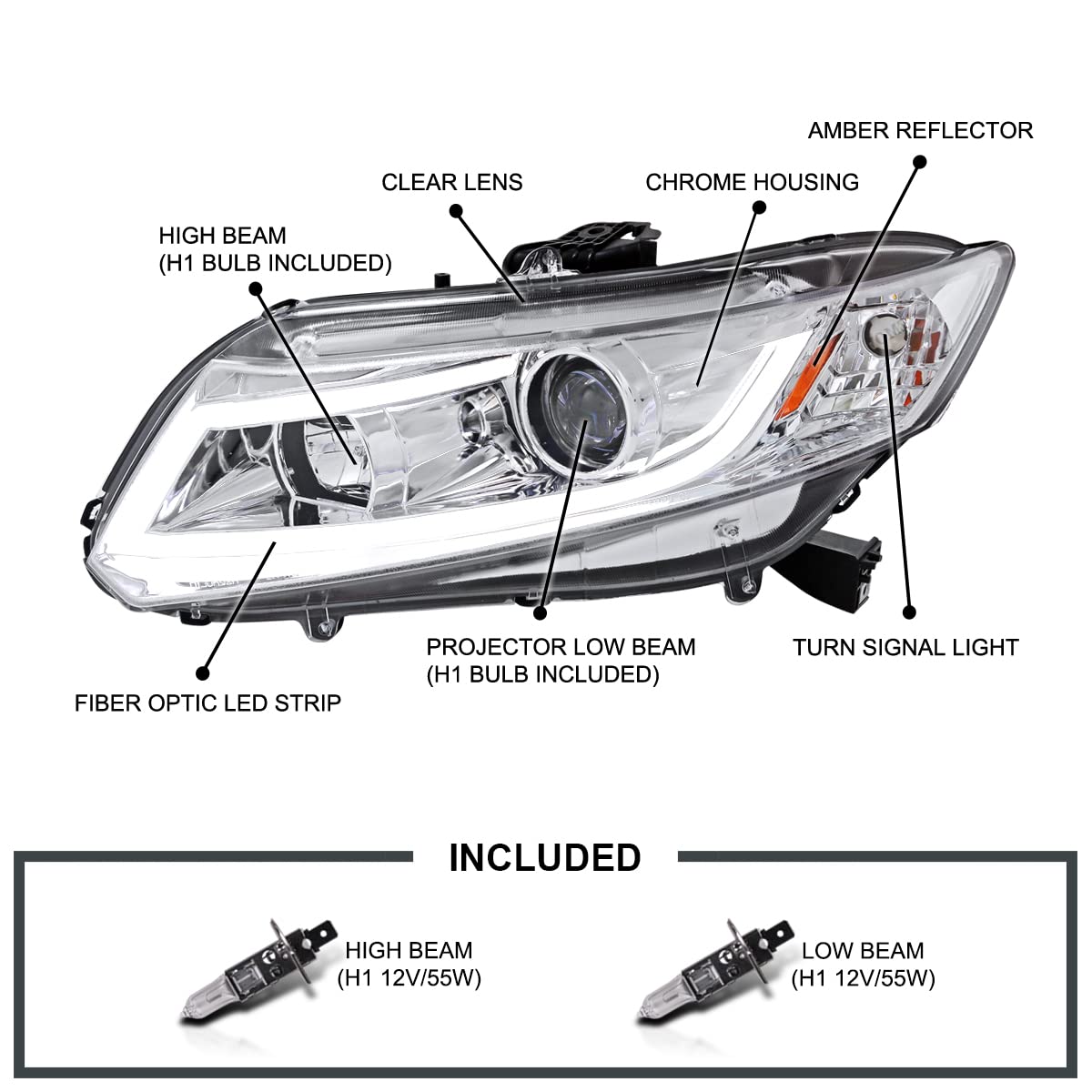 Spec-D Tuning Chrome Housing Clear Lens Projector Headlights W/New LED Light Bar Compatible with 2012-2015 Honda Civic 4dr Sedan