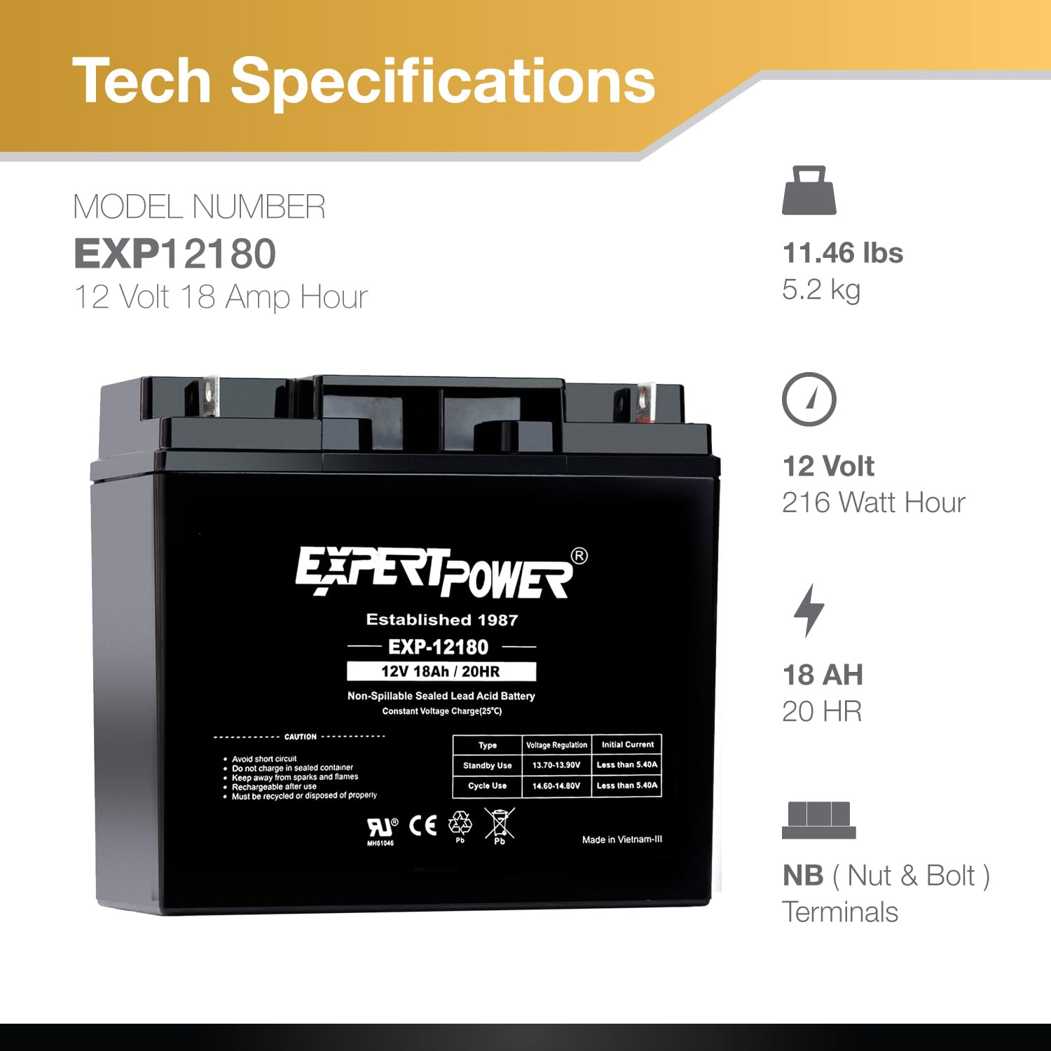 ExpertPower 12V 18Ah Lead Acid Battery - Black SLA - Model EXP12180 - 1 Pack