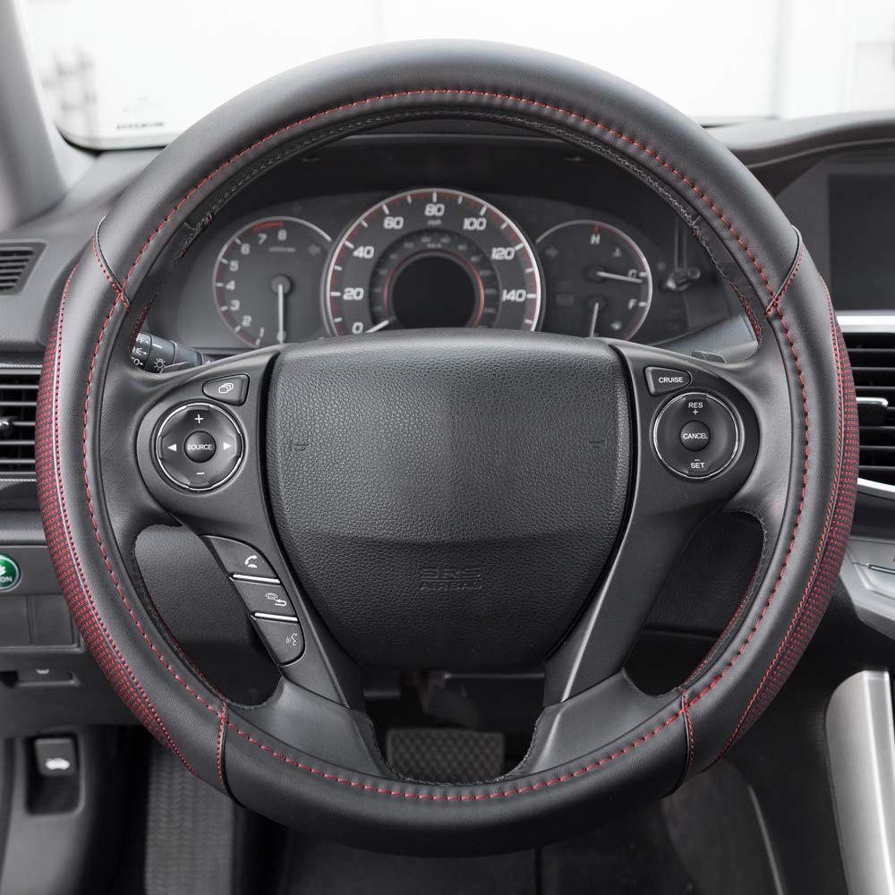 Motor Trend Wine Steering Wheel Cover - Dotted Comfort Polyester Grip On Stitched Synthetic Leather, Wine Stitching/Black