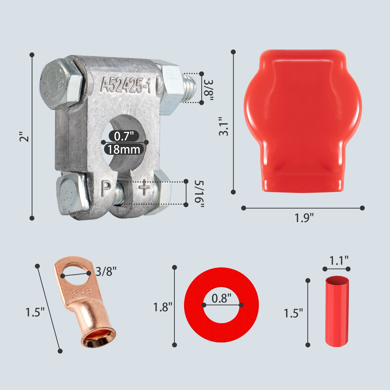 Battery Terminal Connectors, Military Spec Positive Negative Heavy Duty Battery Terminals with Cover, Copper Lugs, Heatshrink, A