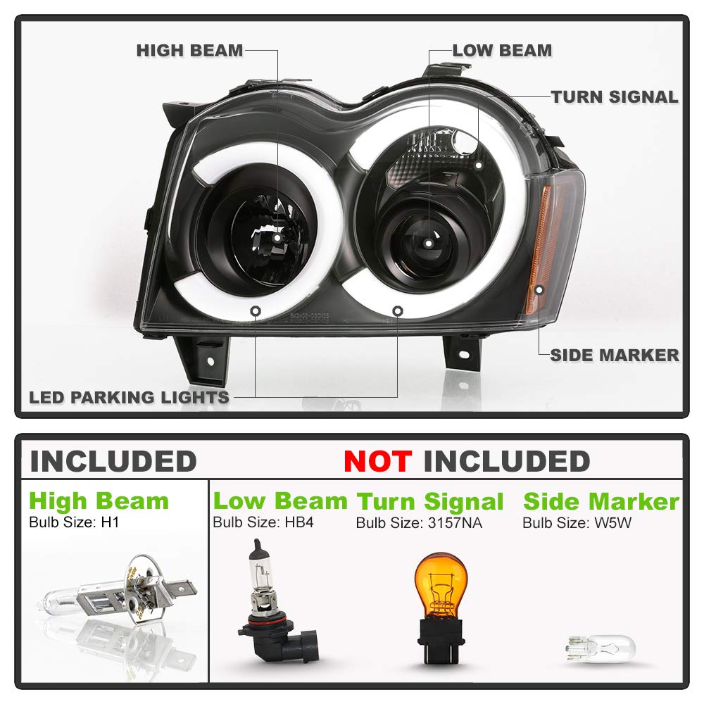 ACANII Black LED Tube Projector Headlights for 2005-2007 Jeep Grand Cherokee - Driver & Passenger Assembly