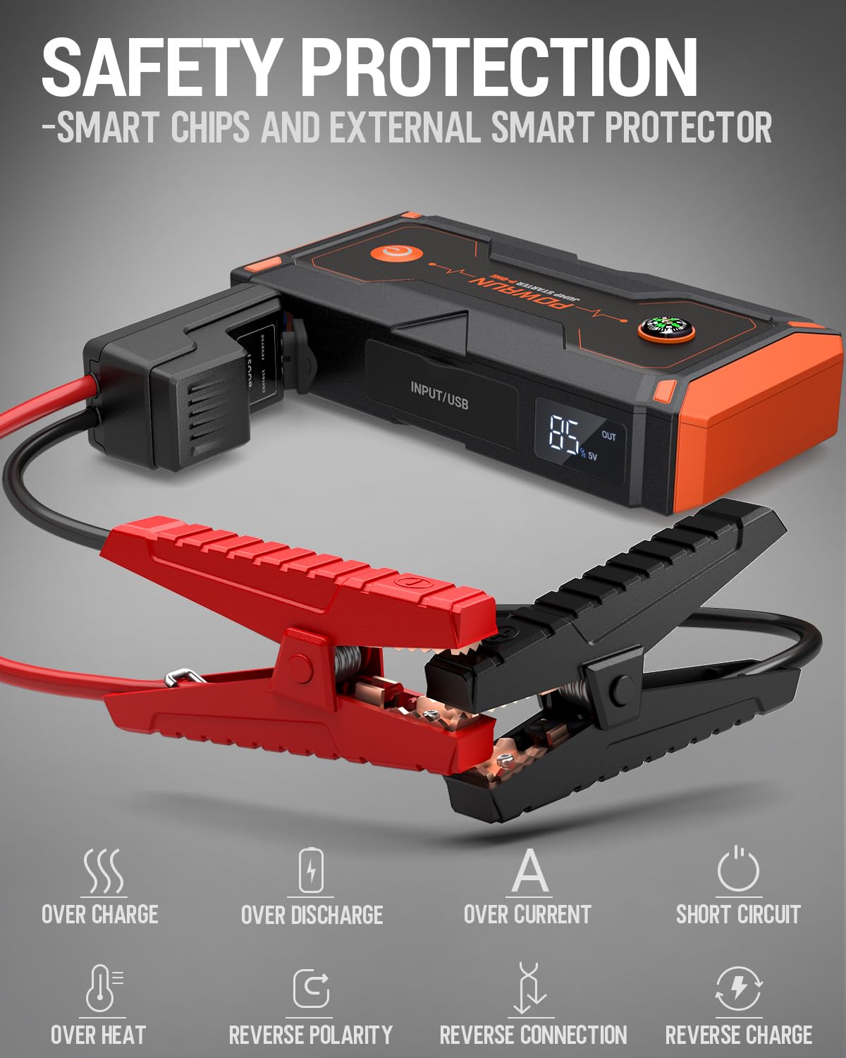 Powrun P-ONE Jump Starter 2000A - Portable Car Battery Booster for 8.0L Gas & 6.5L Diesel Engines, 12V, LCD Display, Orange,