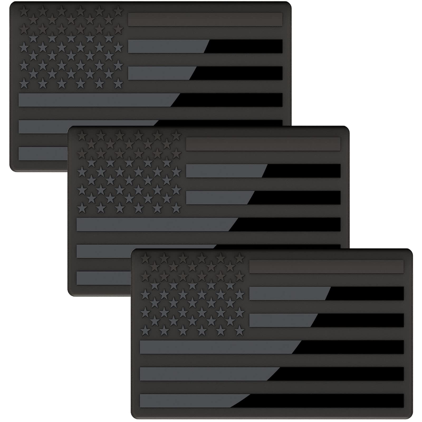 Embossed 3D Metal All Black American Flag Emblem Decal Stickers (3 Pack), Matte Black 5'' X 3'' Patriotic Usa Us Flag Car Decals