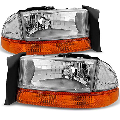 AKKON Chrome Headlight Pair Set for 1997-2004 Dodge Dakota & 1998-2003 Durango - Driver Left + Passenger Right with Signal Lamp