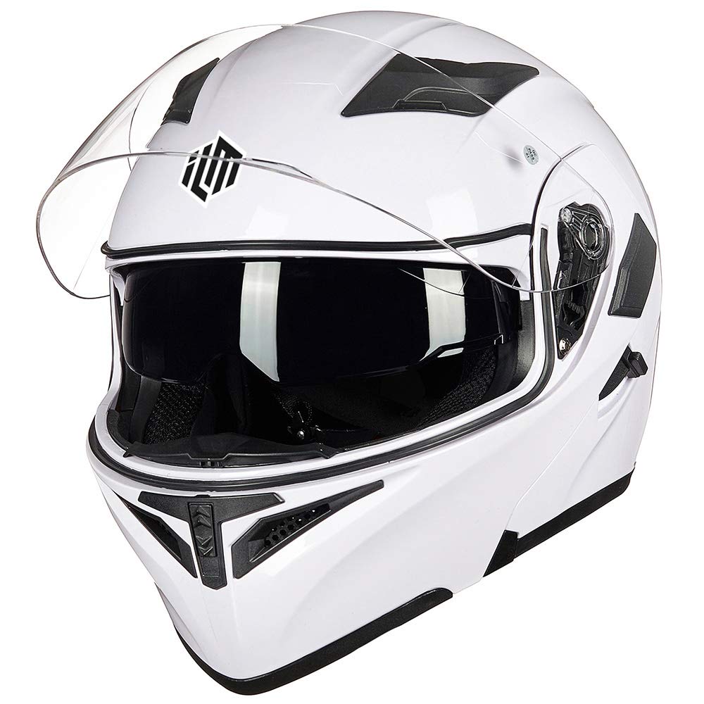 Ilm Motorcycle Dual Visor Flip Up Modular Full Face Helmet Dot 6 Colors Model 902 (M, White)
