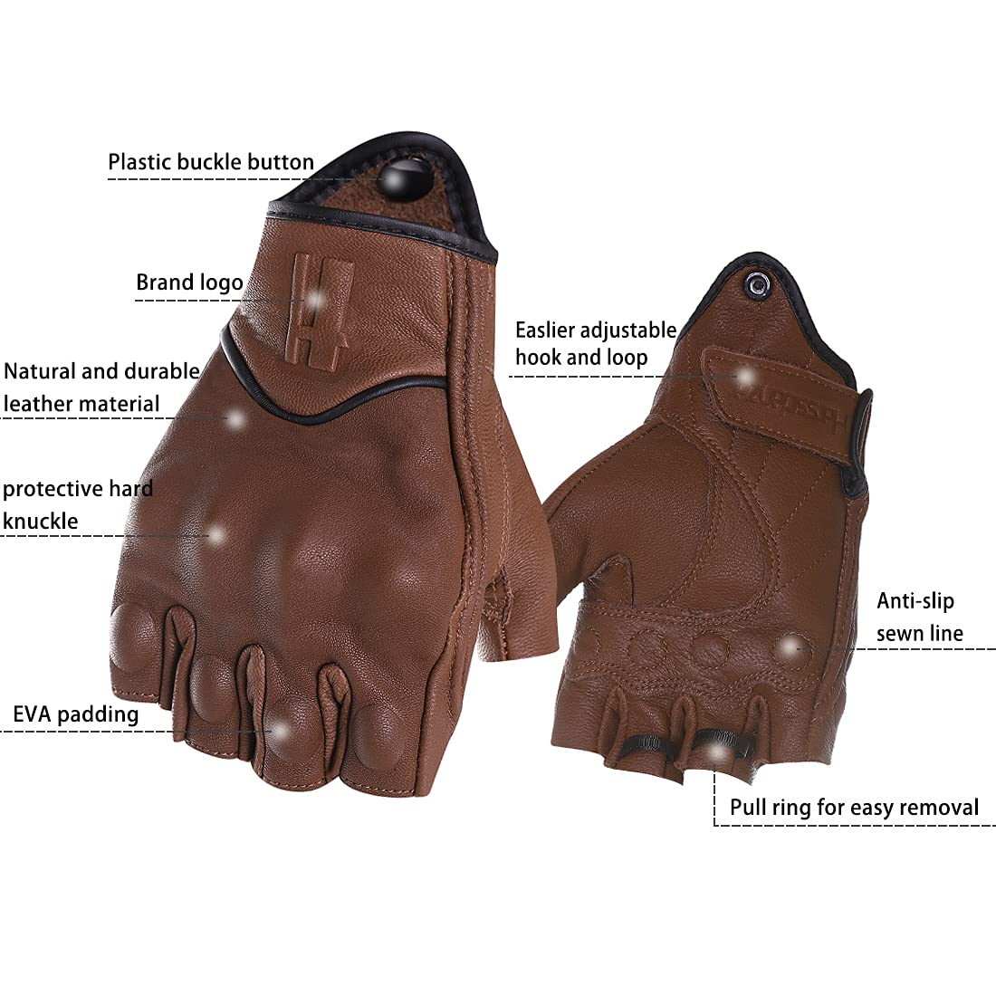 Harssidanzar Fingerless Motorcycle Gloves, Leather, XXL, Saddle, Model GM037