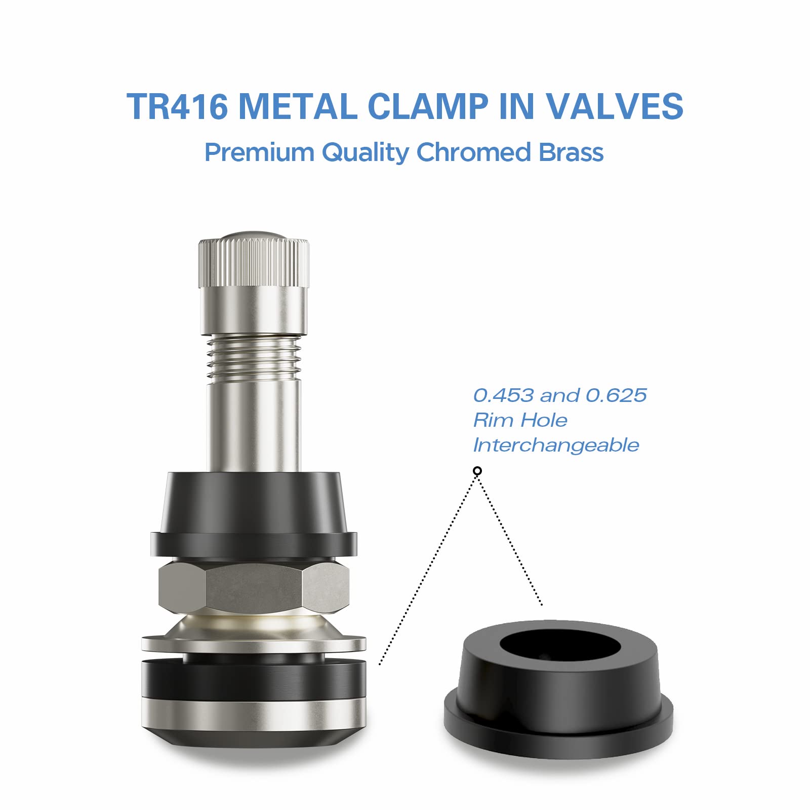 Ckauto 4 Pieces Tr416 Metal Valve Stems Outer Mount Fits .453'' & .625'' Rim Holes Long 1 1/2'', Silver
