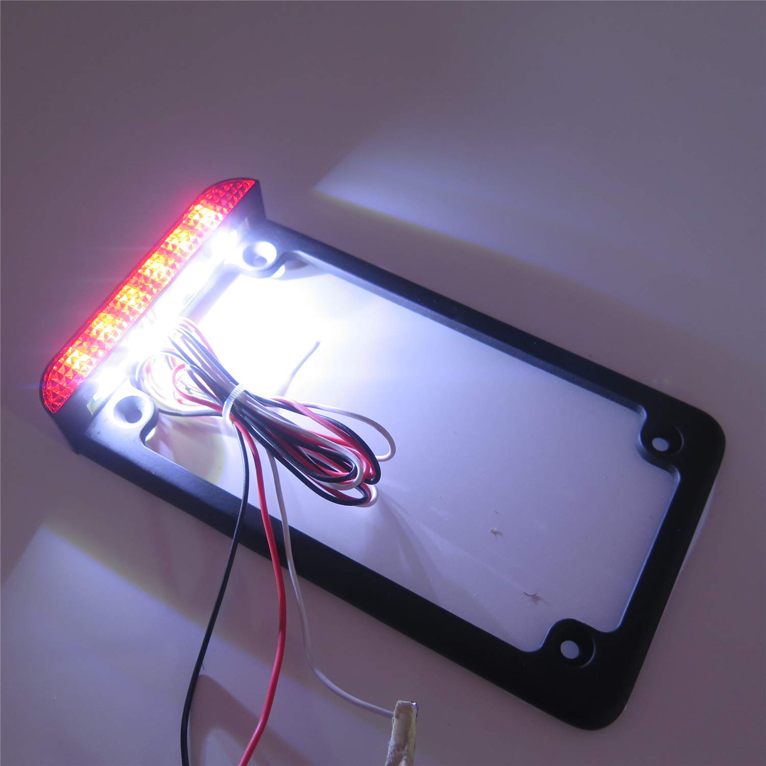Httmt Mt294-003- Motorcycle Black 7'' X 4'' Flat License Plate Frame Bracket Tag Holder W/ 3'' Led Bar Compatible With Universal