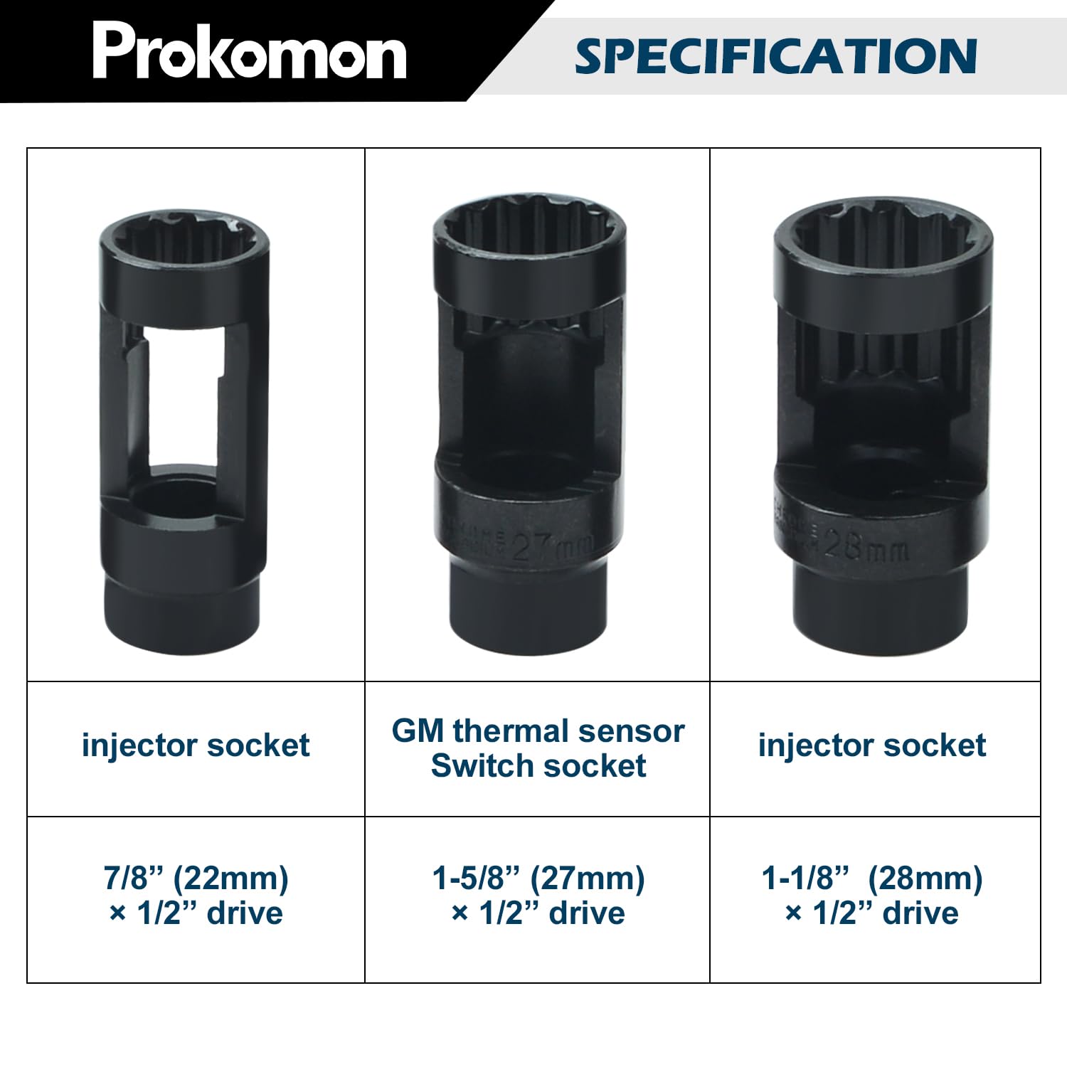 Prokomon O2 Sensor Socket Set - 10pcs Oil Pressure Sensor Wrench Kit, Molybdenum Steel, 1/2" & 3/8" Drives, Model PT