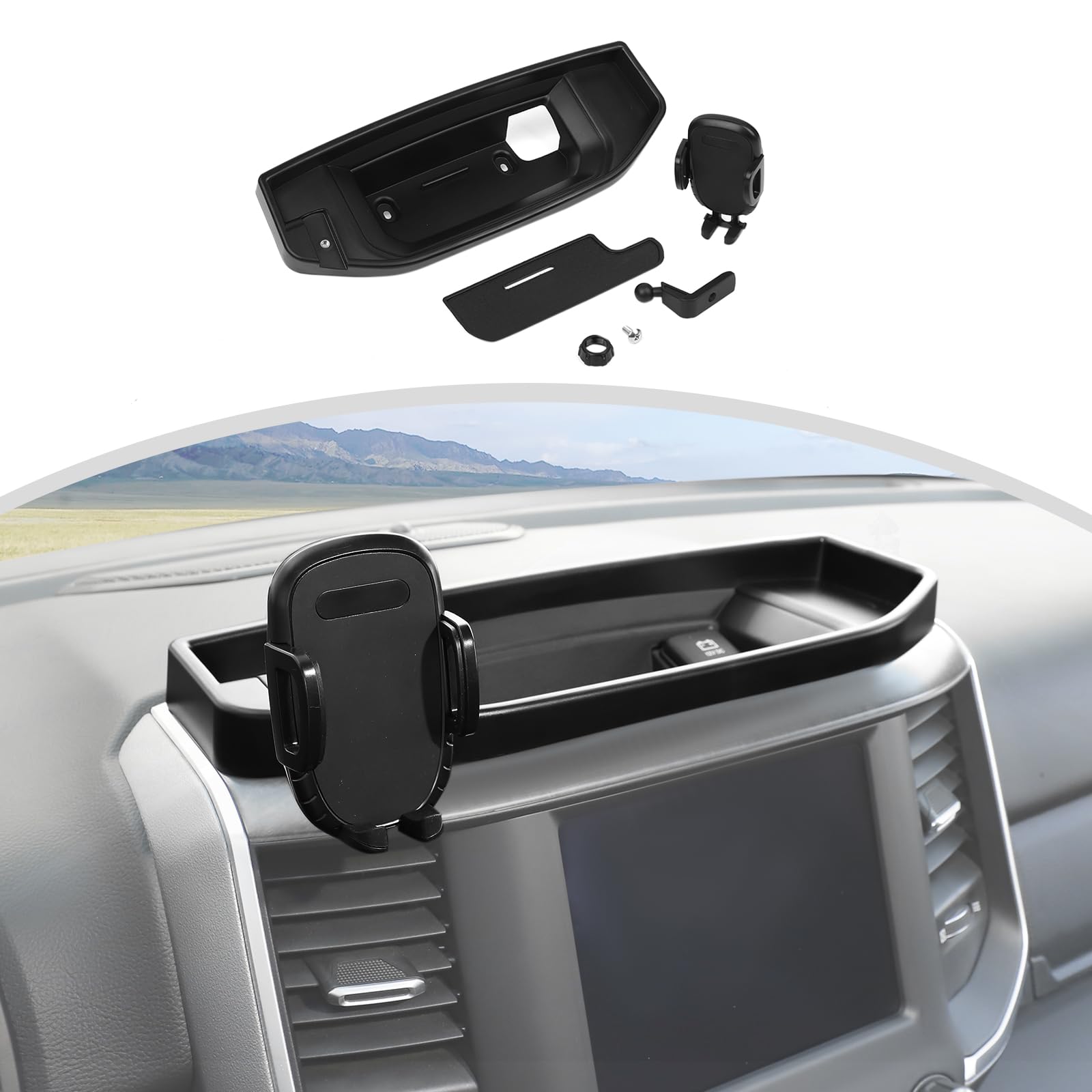 CheroCar for RAM Dash Mount Phone Holder Stoage Tray Phone Mount Organizer Compatible with 2018-2025 Dodge Ram 1500 2500 3500,Do