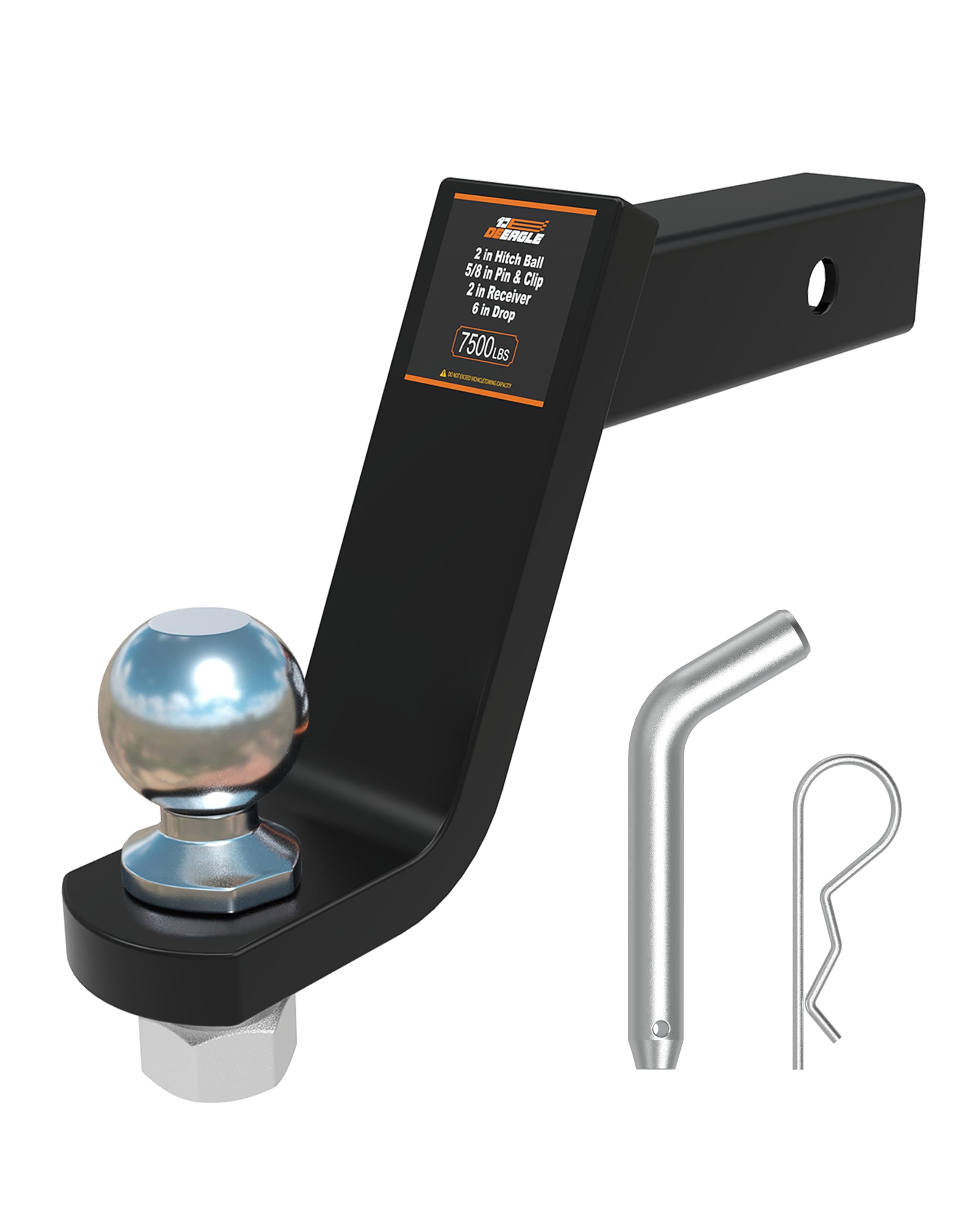 DEEAGLE 2 in Ball Hitch with Pin, Heavy Duty Steel Receiver Hitch, Fits 2 in Receiver, 7500lbs, 6 in Drop