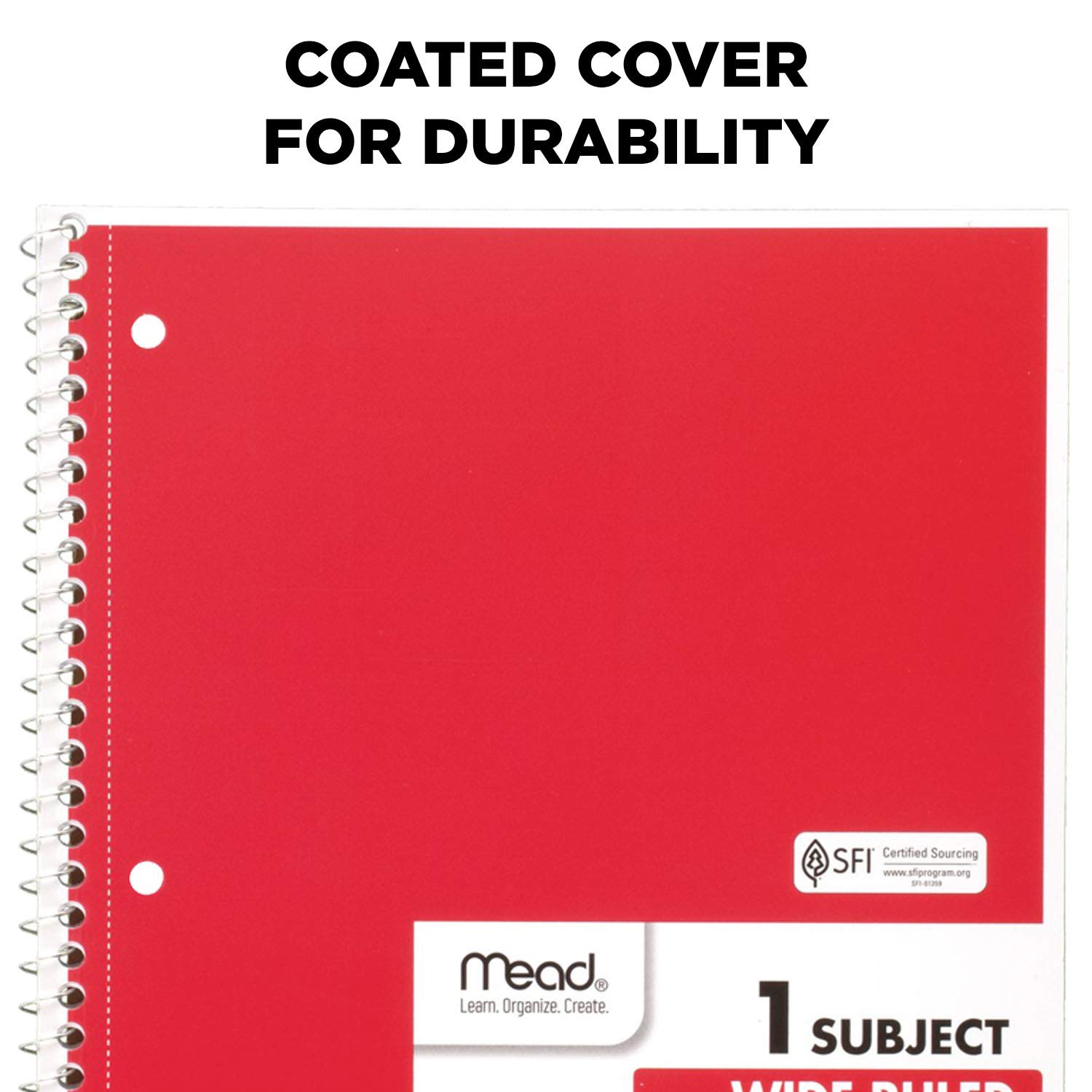 Mead Spiral Notebooks, 4 Pack, 1-Subject, Wide Ruled Paper, 10-1/2'' X 7-1/2'', 70 Sheets Per Notebook, Red (38112)