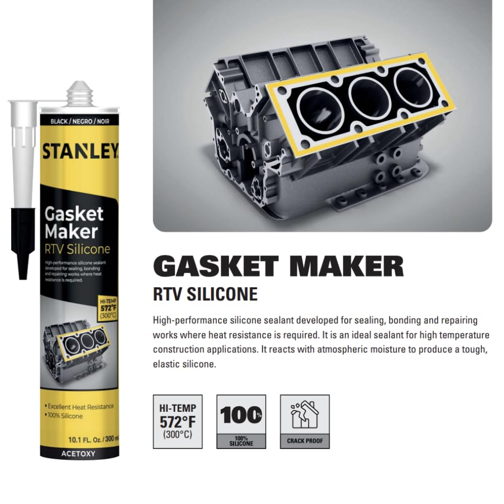 Stanley High-Temp Rtv Silicone Gasket Maker - 12X10.1 Fl.Oz Black, Oil, Vibration And Heat Resistant Black Silicone Sealant For