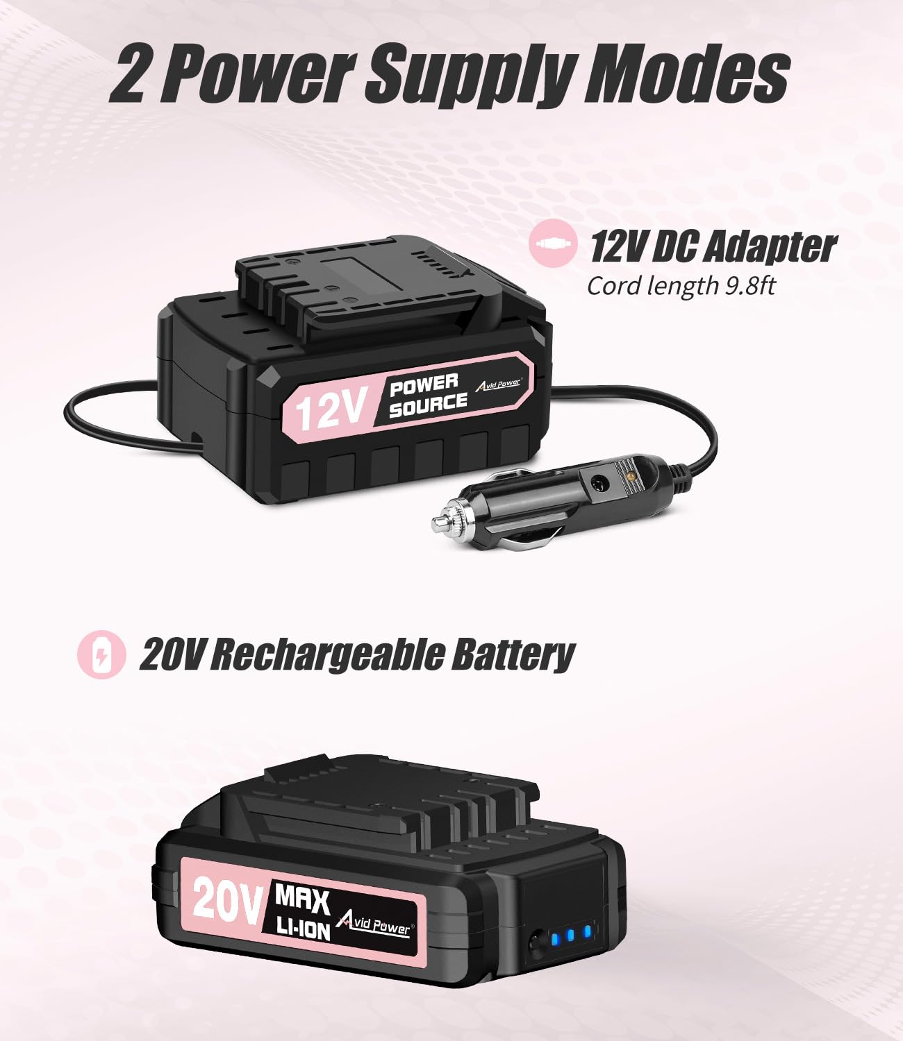 Avid Power 20V Cordless Tire Inflator Compressor with Rechargeable Battery, Digital Gauge, Portable, Pink, Model ACAP115D-P