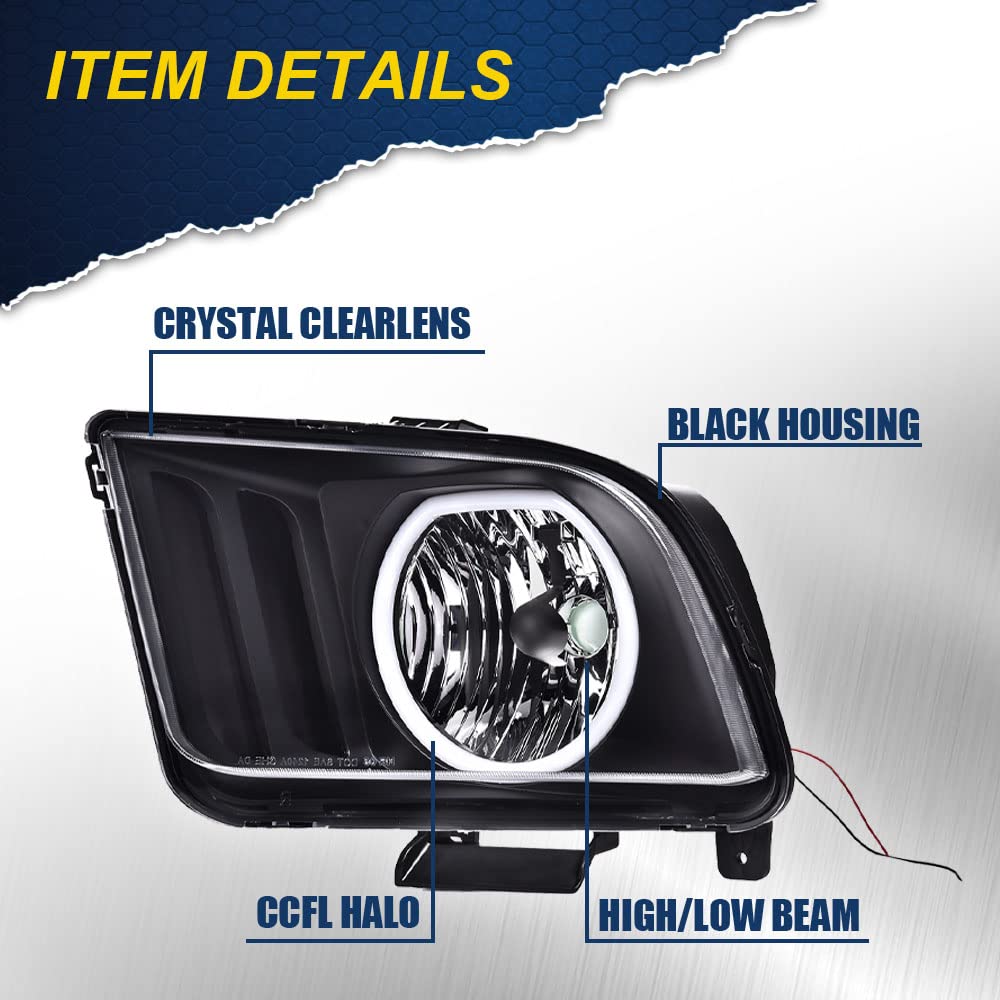 CHEDA LED DRL Headlights Assembly for 2005-2009 Ford Mustang S197 - Clear Lens, Black Housing, Amber Reflector, Head Lamp Pair