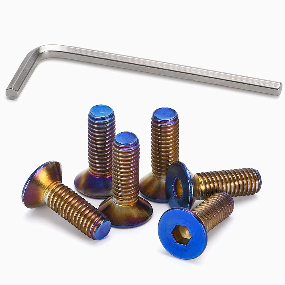 PQY Steering Wheel Screw Bolts - 6pcs Taper M5×0.8, 15mm Flat Head, Aluminum, Burnt Titanium Finish, Blue